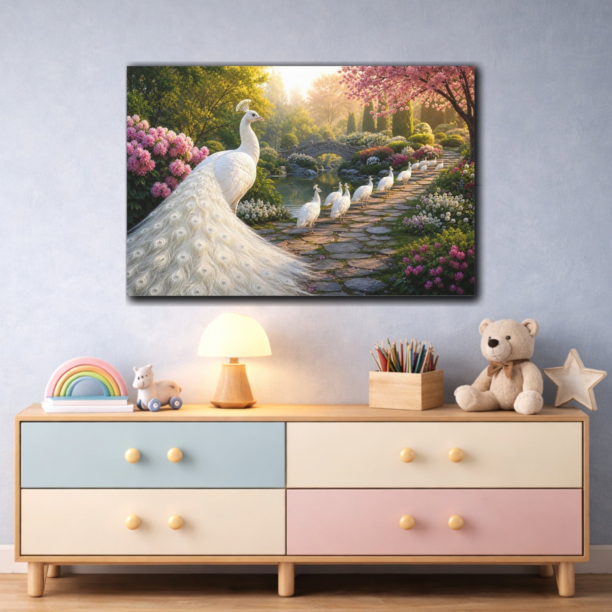 Mockup 3. Moody Luxury Realism White Peacock Beside Stone Path shown as stretched canvas wall art