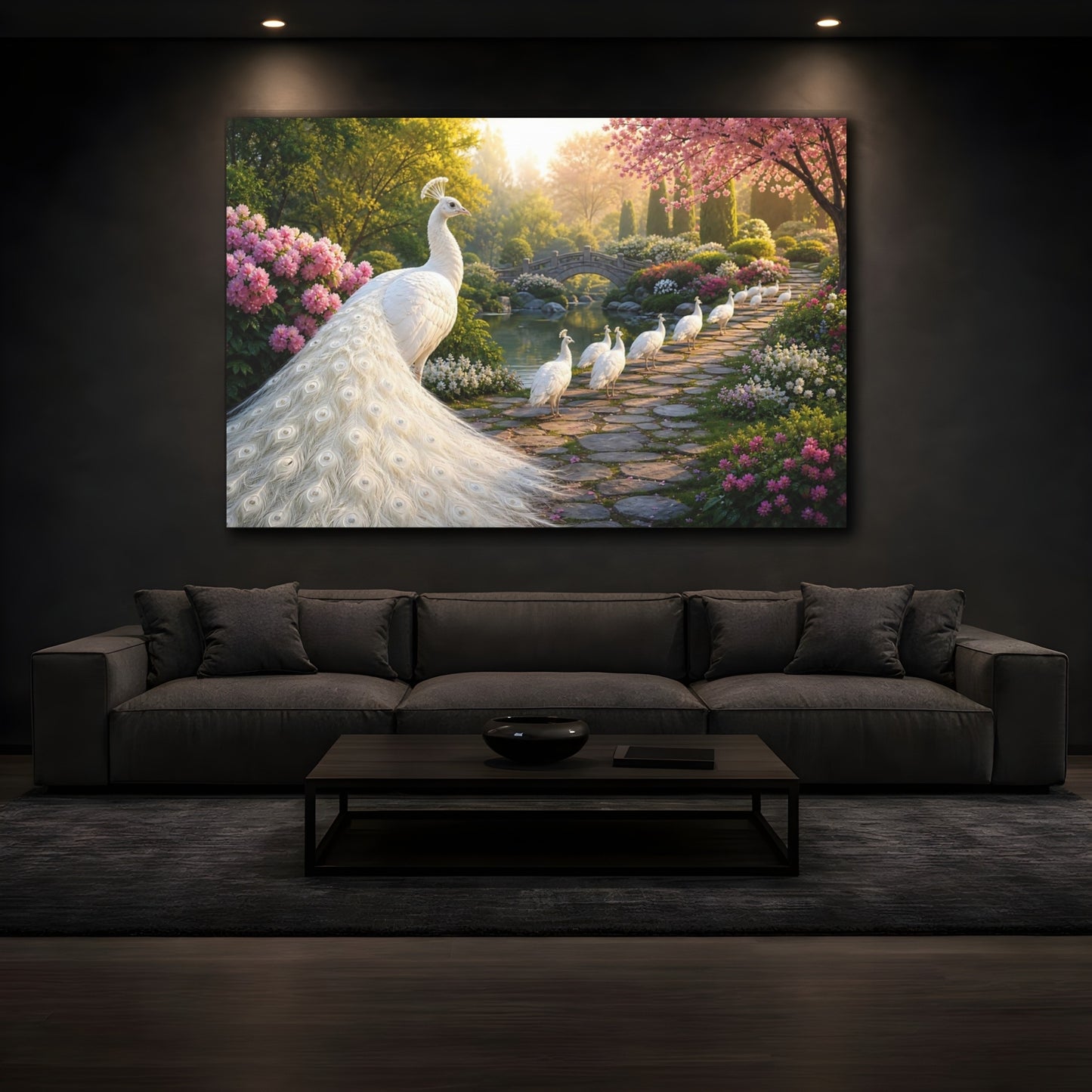 Mockup 4. Moody Luxury Realism White Peacock Beside Stone Path shown as stretched canvas wall art