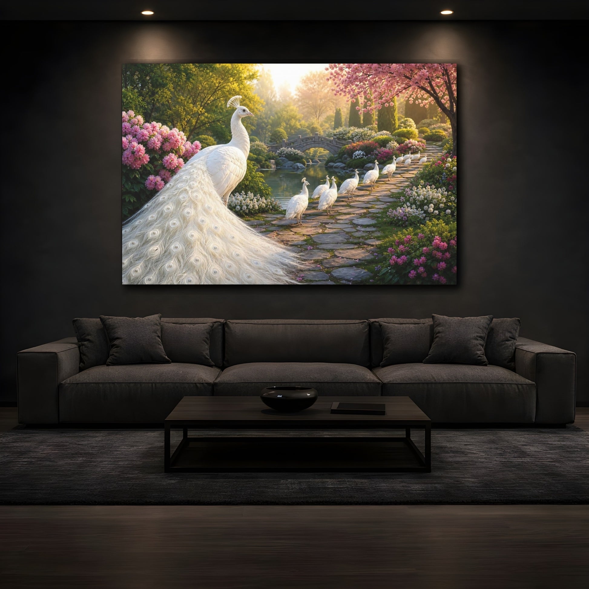 Mockup 4. Moody Luxury Realism White Peacock Beside Stone Path shown as stretched canvas wall art