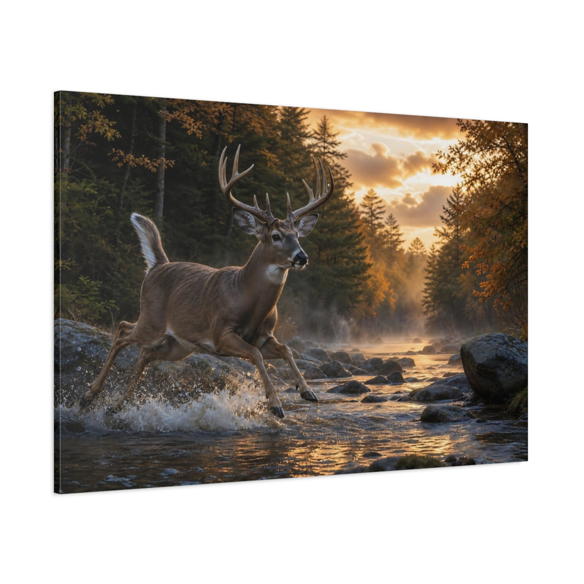 Side Mockup 1. Moody Luxury Realism White-Tailed Deer Near Forest Stream shown as stretched canvas wall art