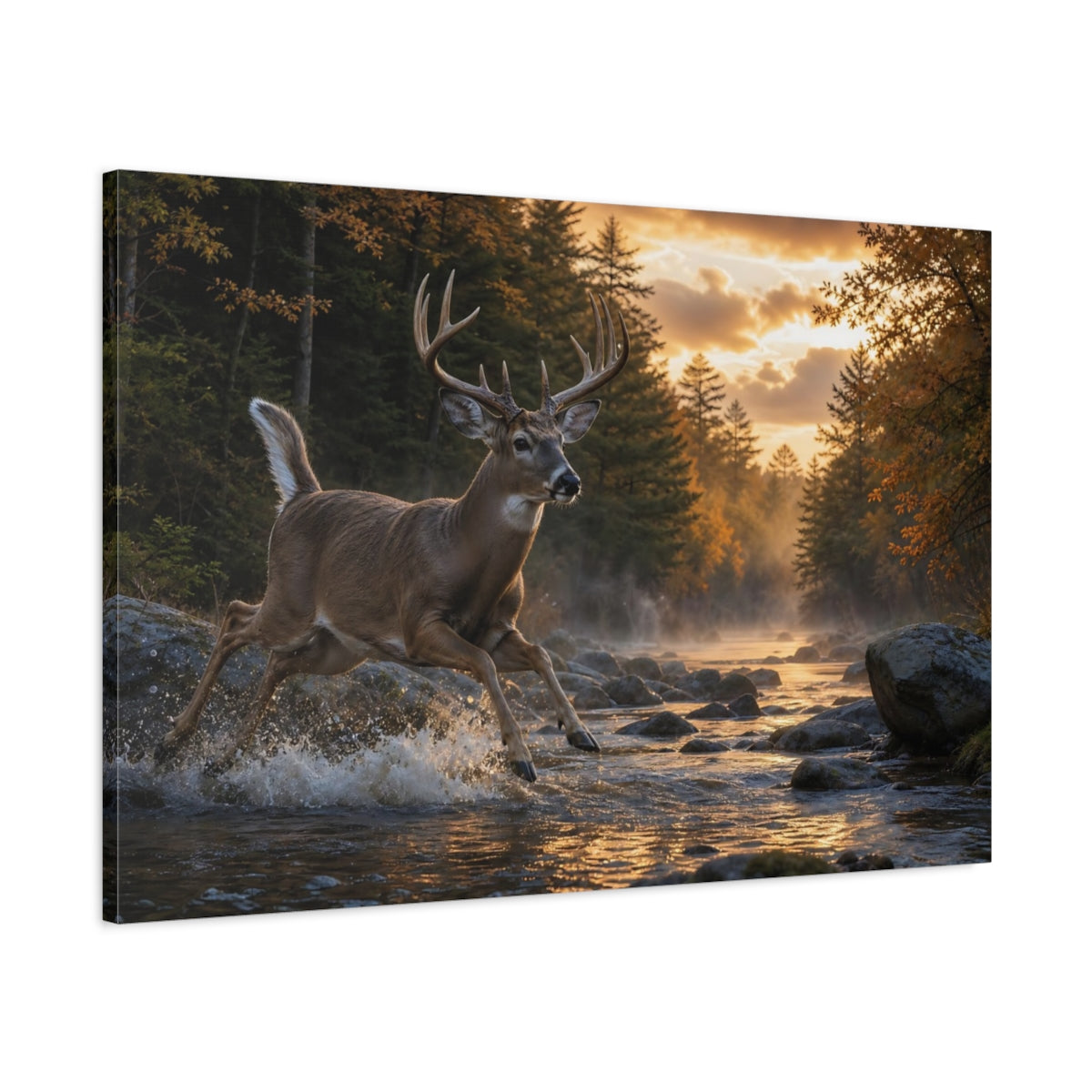 Main Mockup. Moody Luxury Realism White-Tailed Deer Near Forest Stream shown as stretched canvas wall art
