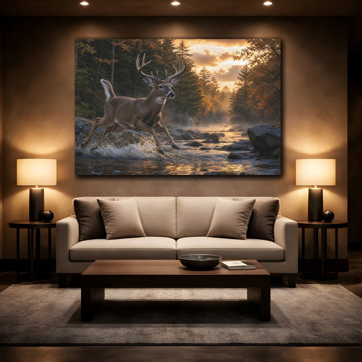 Mockup 2. Moody Luxury Realism White-Tailed Deer Near Forest Stream shown as stretched canvas wall art