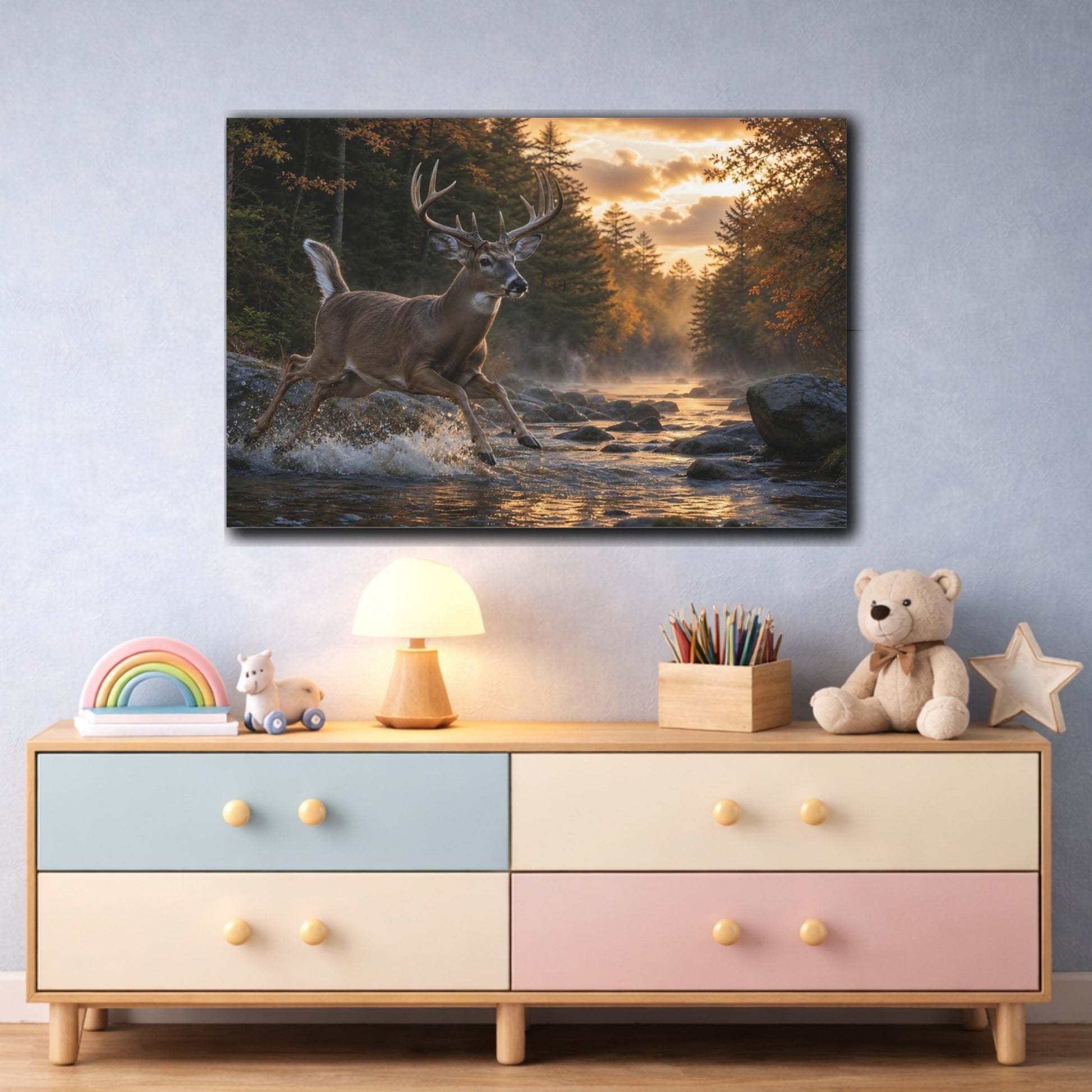 Mockup 3. Moody Luxury Realism White-Tailed Deer Near Forest Stream shown as stretched canvas wall art