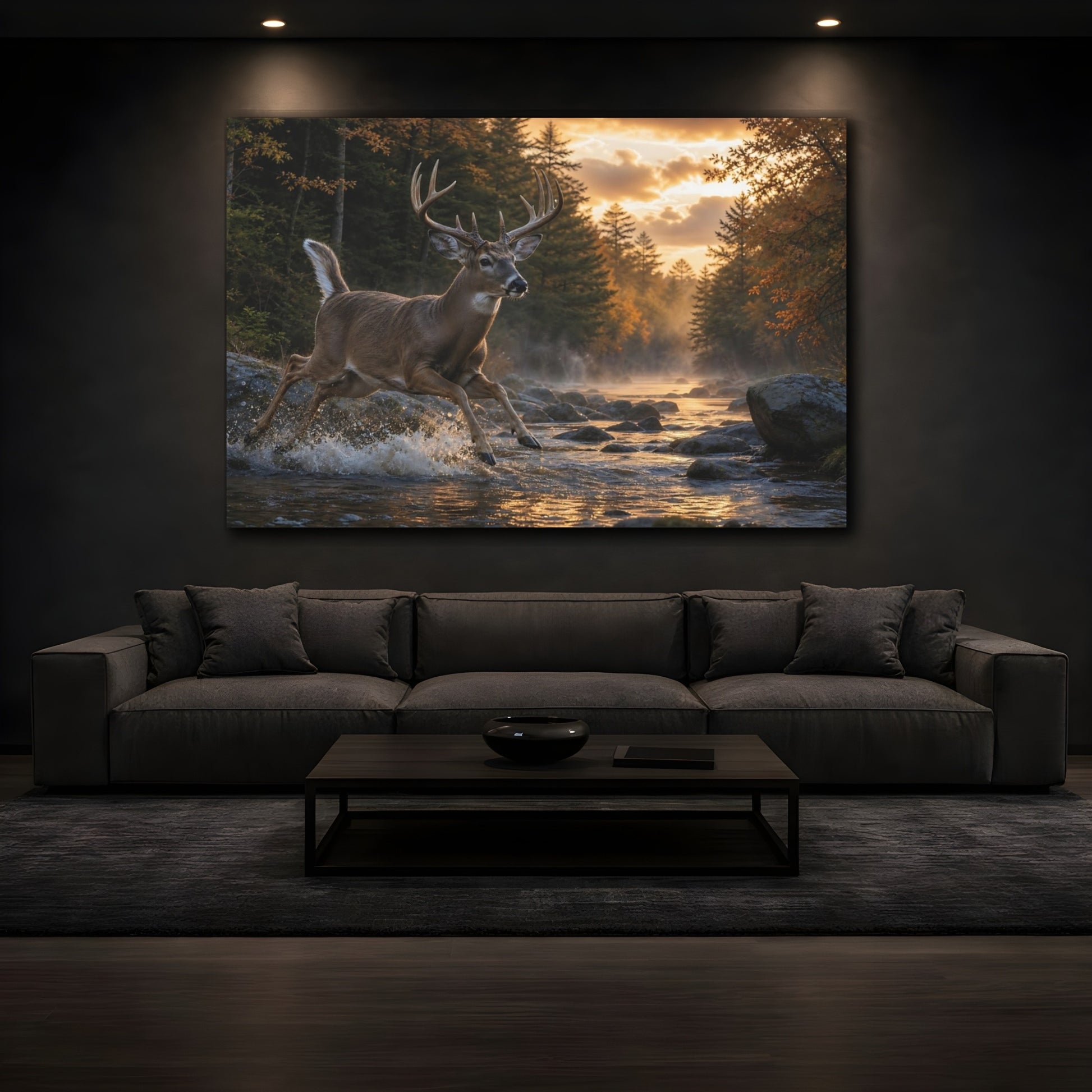 Mockup 4. Moody Luxury Realism White-Tailed Deer Near Forest Stream shown as stretched canvas wall art