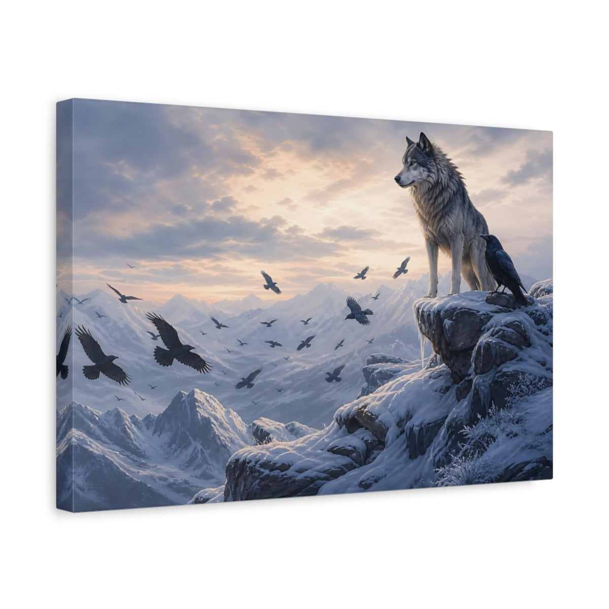 Side Mockup 4. Moody Luxury Realism Wolf And Raven On Snowy Cliff shown as stretched canvas wall art