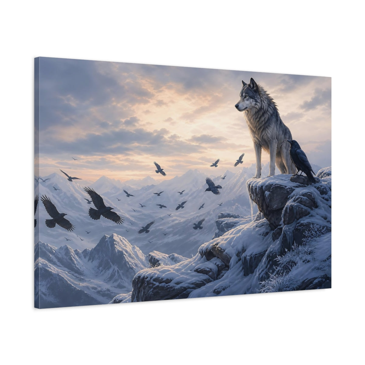 Main Mockup. Moody Luxury Realism Wolf And Raven On Snowy Cliff shown as stretched canvas wall art