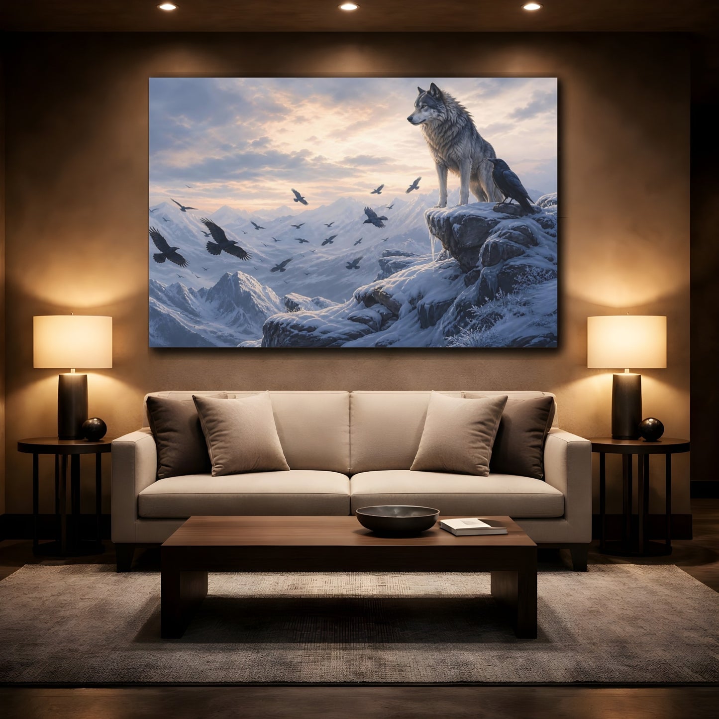 Mockup 2. Moody Luxury Realism Wolf And Raven On Snowy Cliff shown as stretched canvas wall art