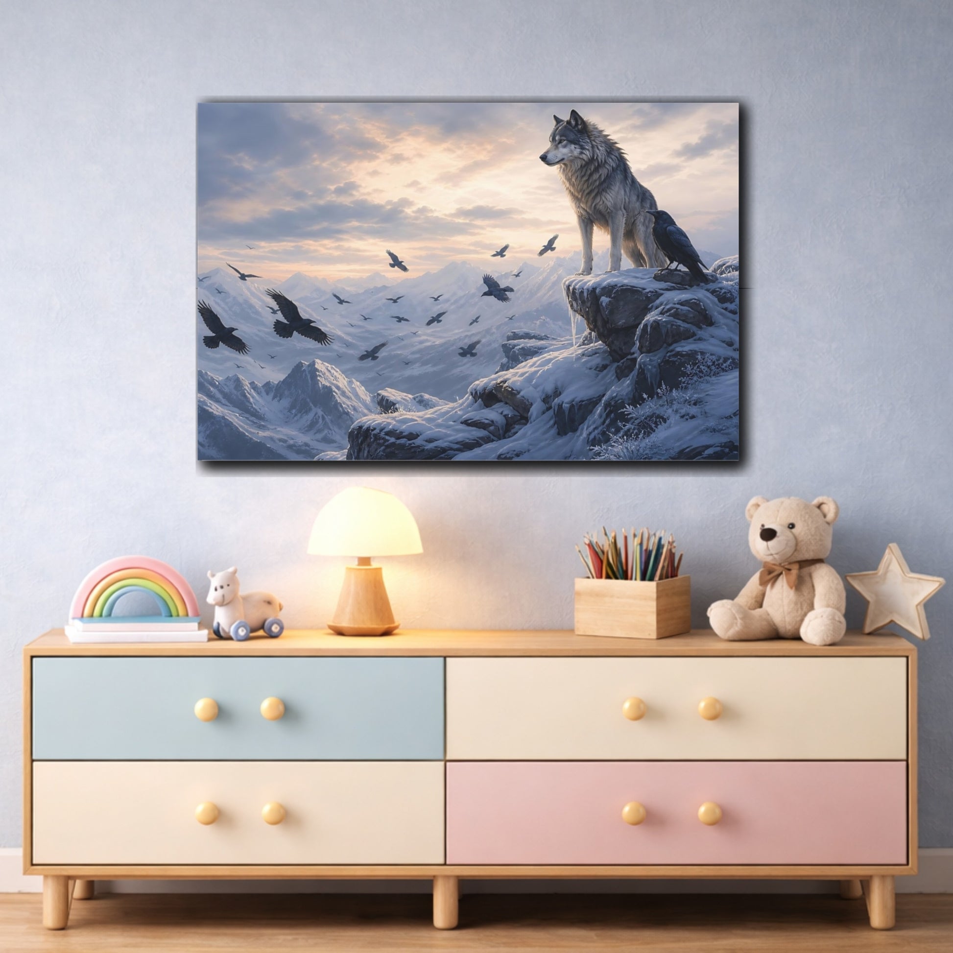 Mockup 3. Moody Luxury Realism Wolf And Raven On Snowy Cliff shown as stretched canvas wall art