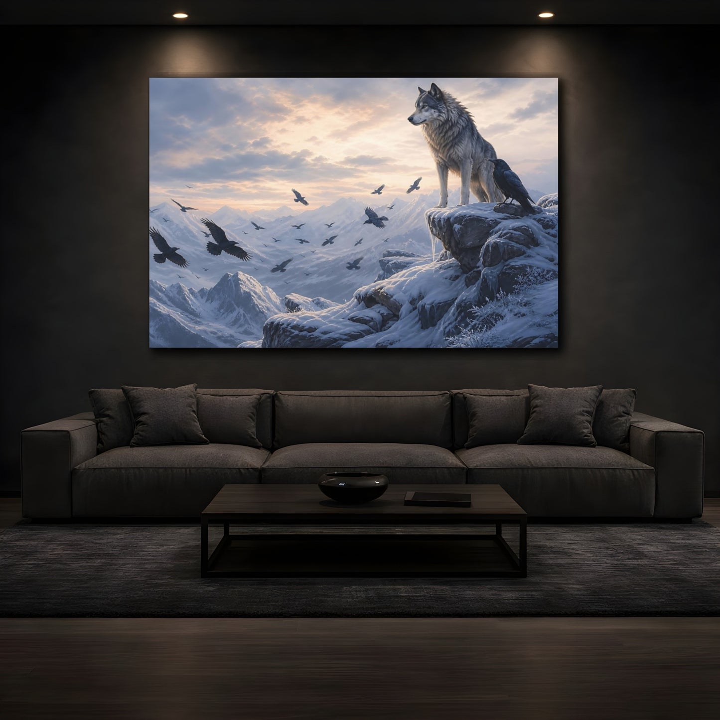 Mockup 4. Moody Luxury Realism Wolf And Raven On Snowy Cliff shown as stretched canvas wall art