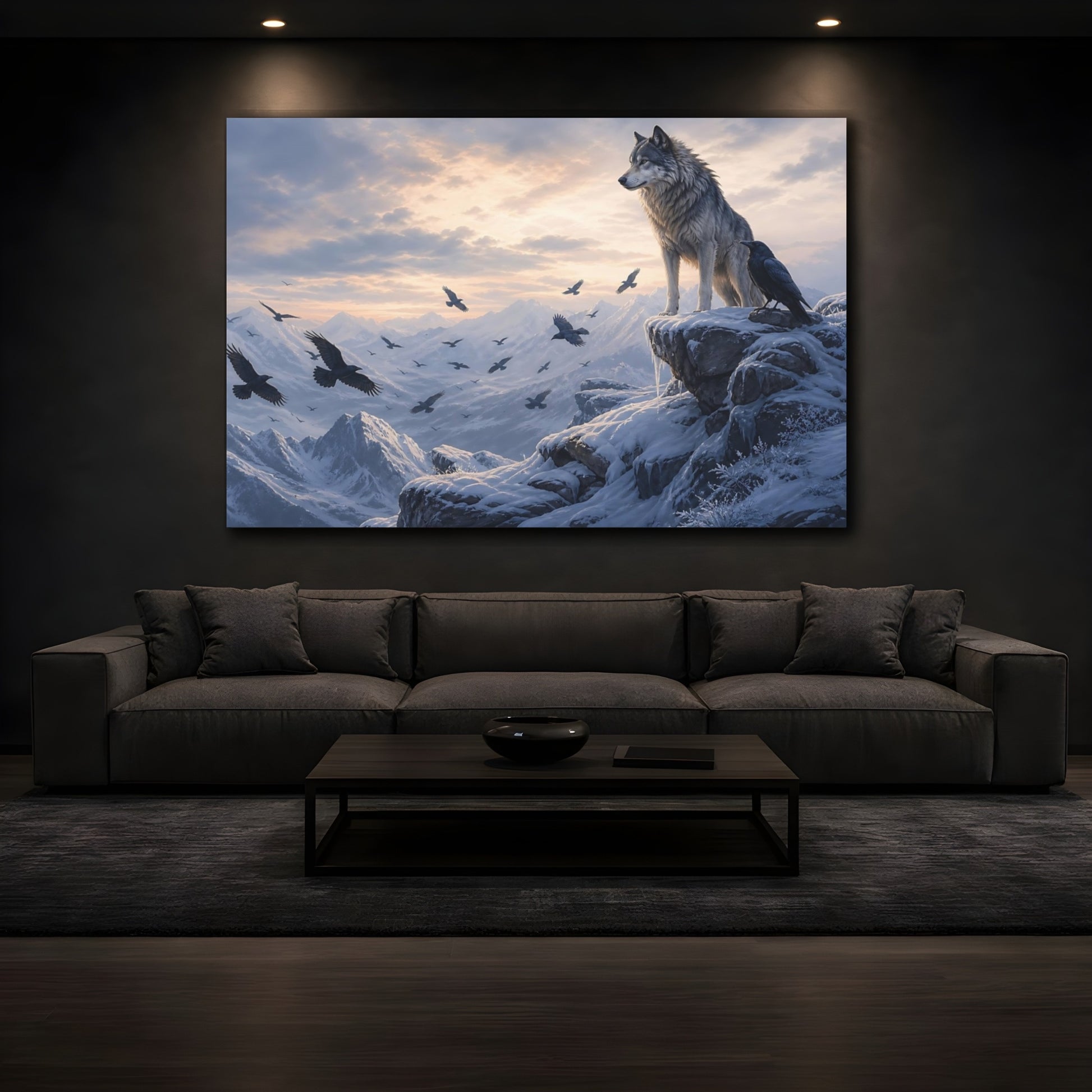Mockup 4. Moody Luxury Realism Wolf And Raven On Snowy Cliff shown as stretched canvas wall art