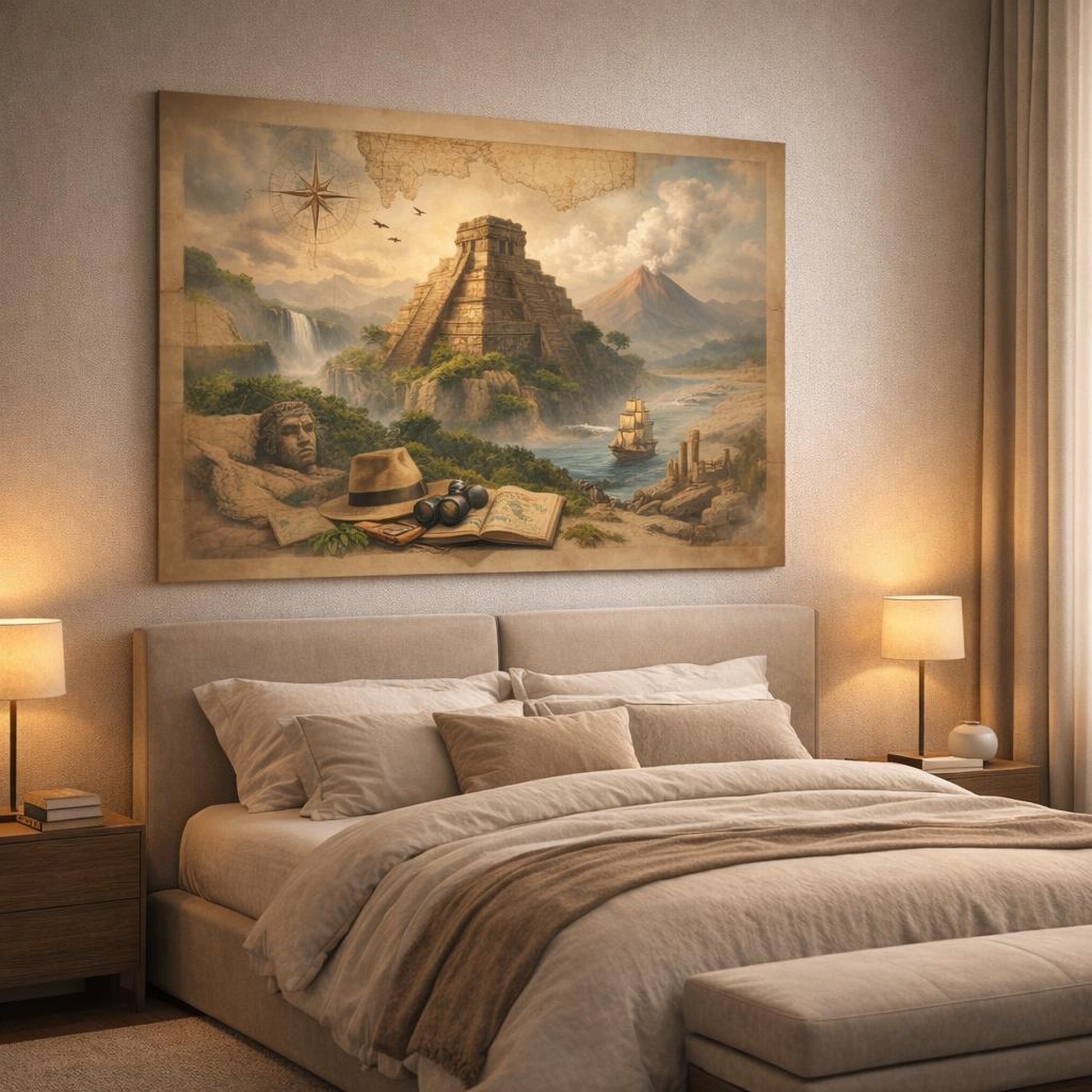 Moody Maps shown as canvas wall art in a luxury bedroom