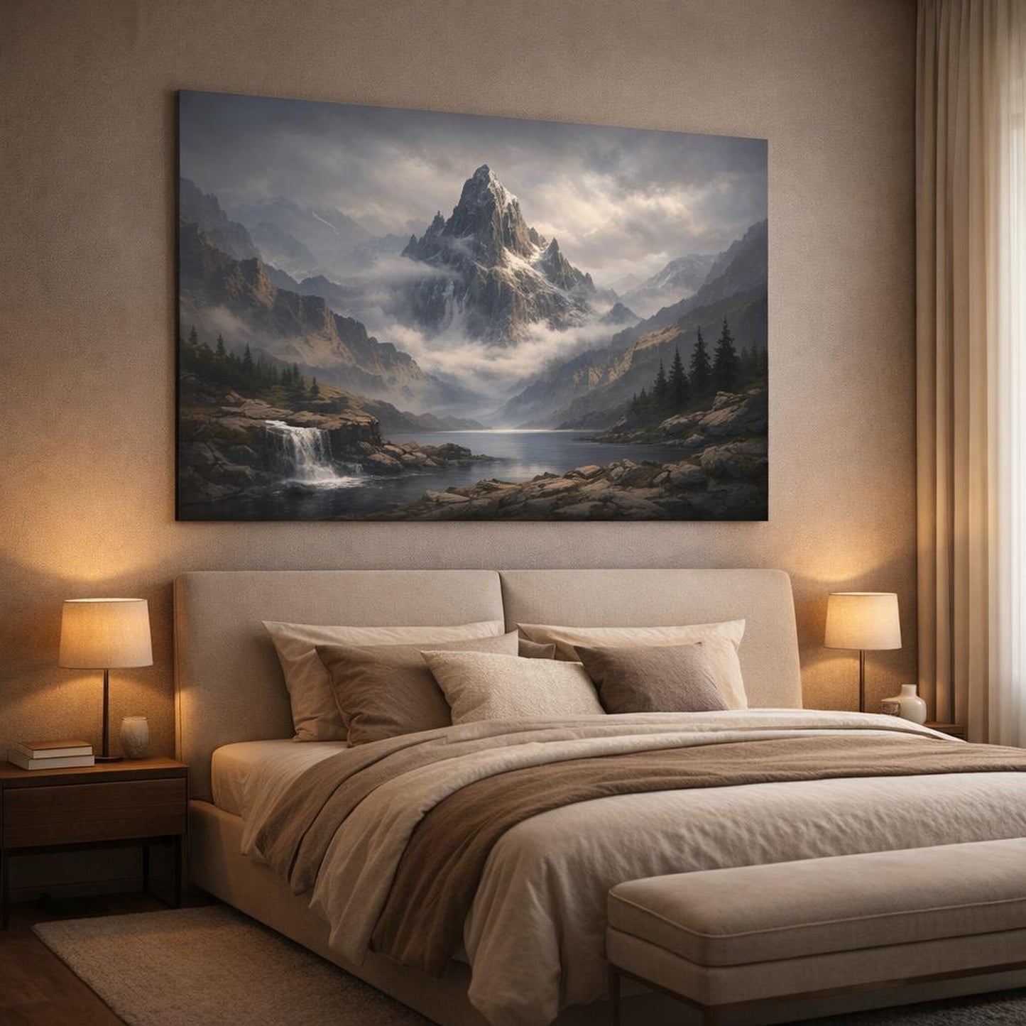 Moody Mountain Serene shown as canvas wall art in a luxury bedroom