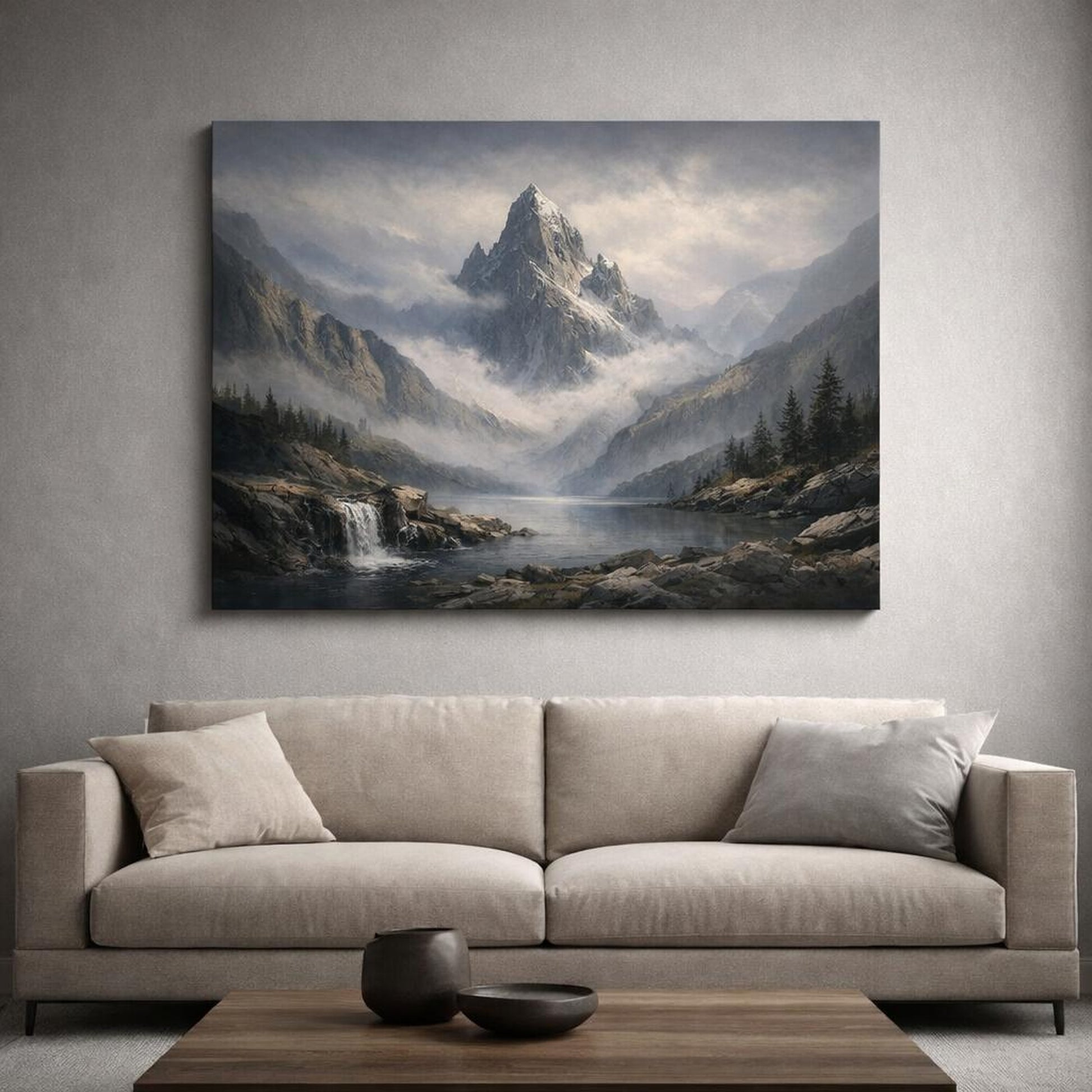 Moody Mountain Serene shown as canvas wall art in a refined dining room