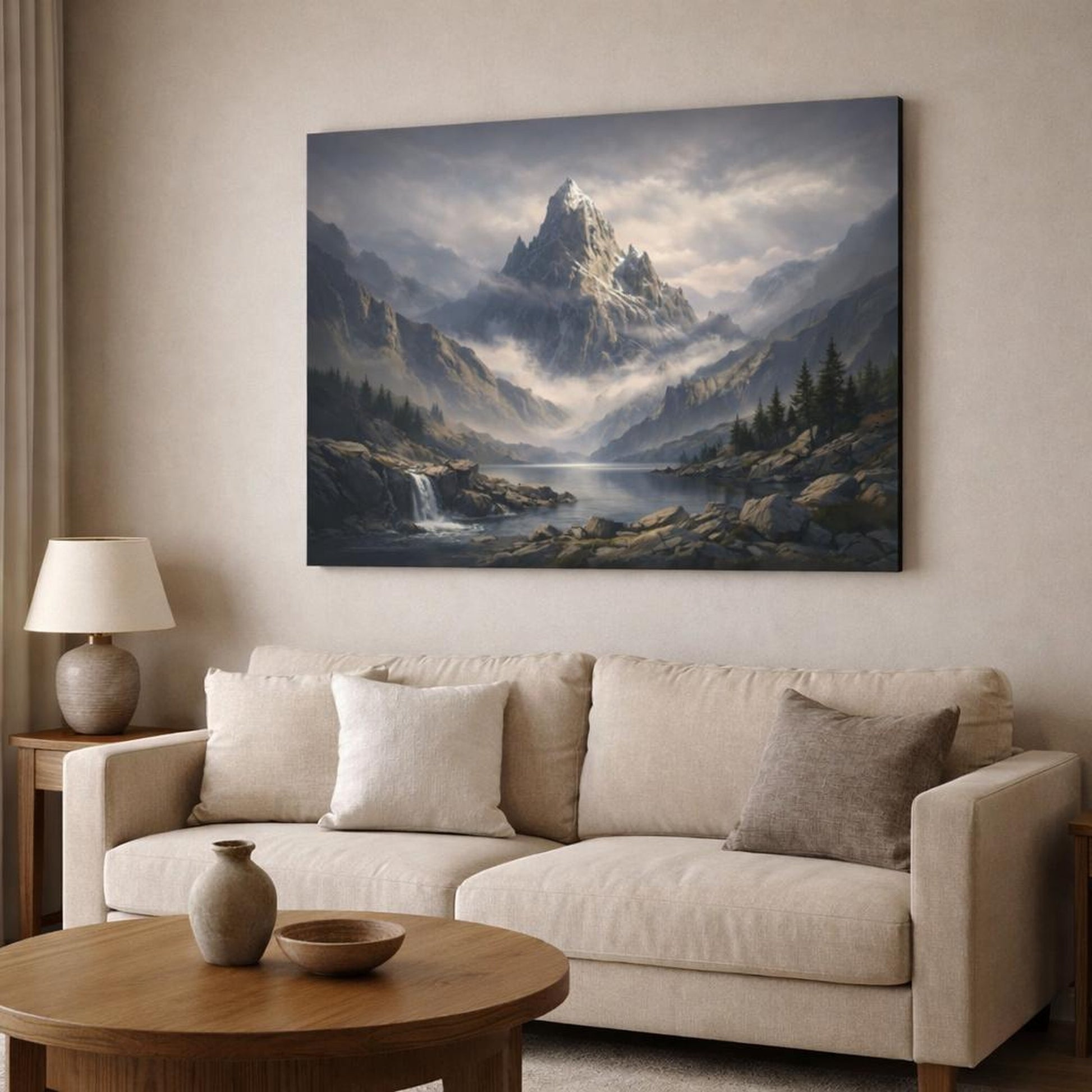 Moody Mountain Serene shown as canvas wall art in a modern living room