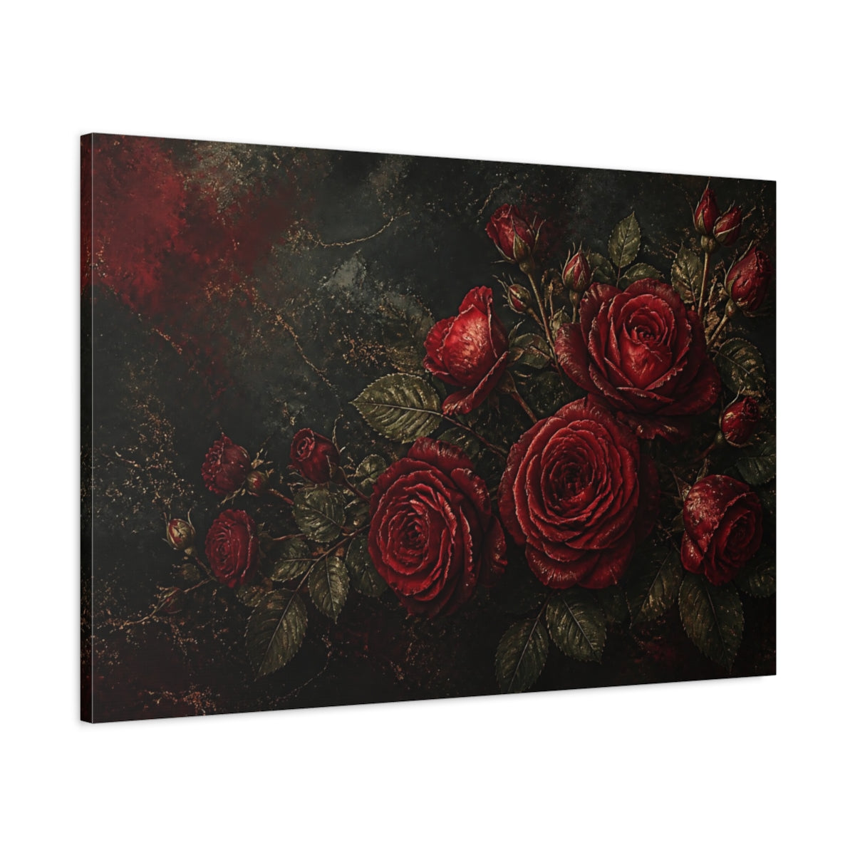 Main Mockup. Moody Red Rose Bouquet shown as canvas print