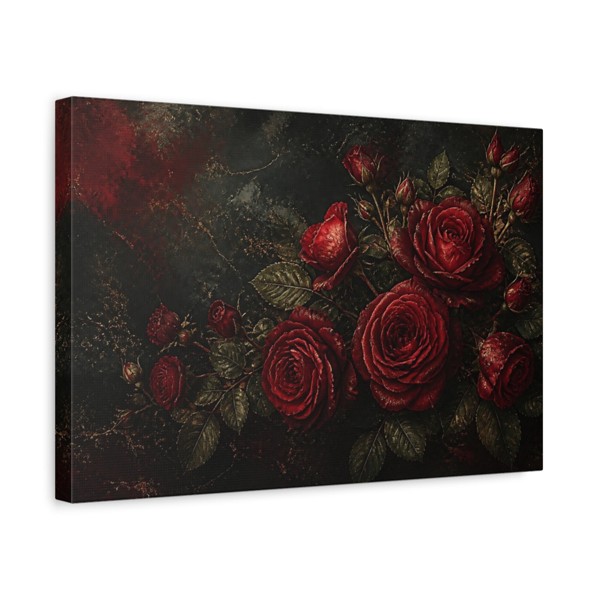 Side Mockup 4. Moody Red Rose Bouquet shown as canvas print