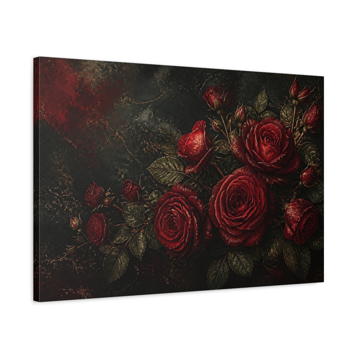 Side Mockup 2. Moody Red Rose Bouquet shown as canvas print