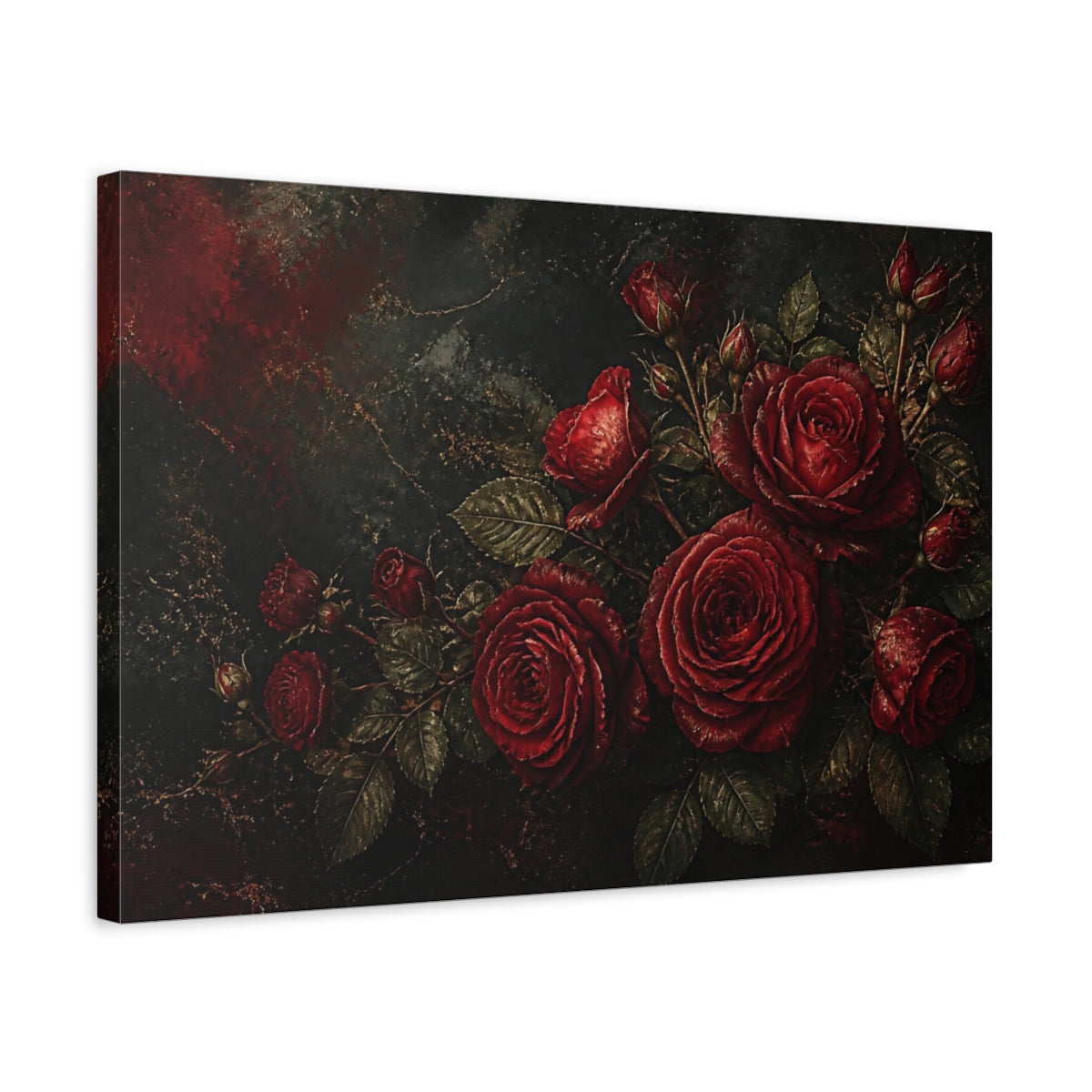 Side Mockup 3. Moody Red Rose Bouquet shown as canvas print