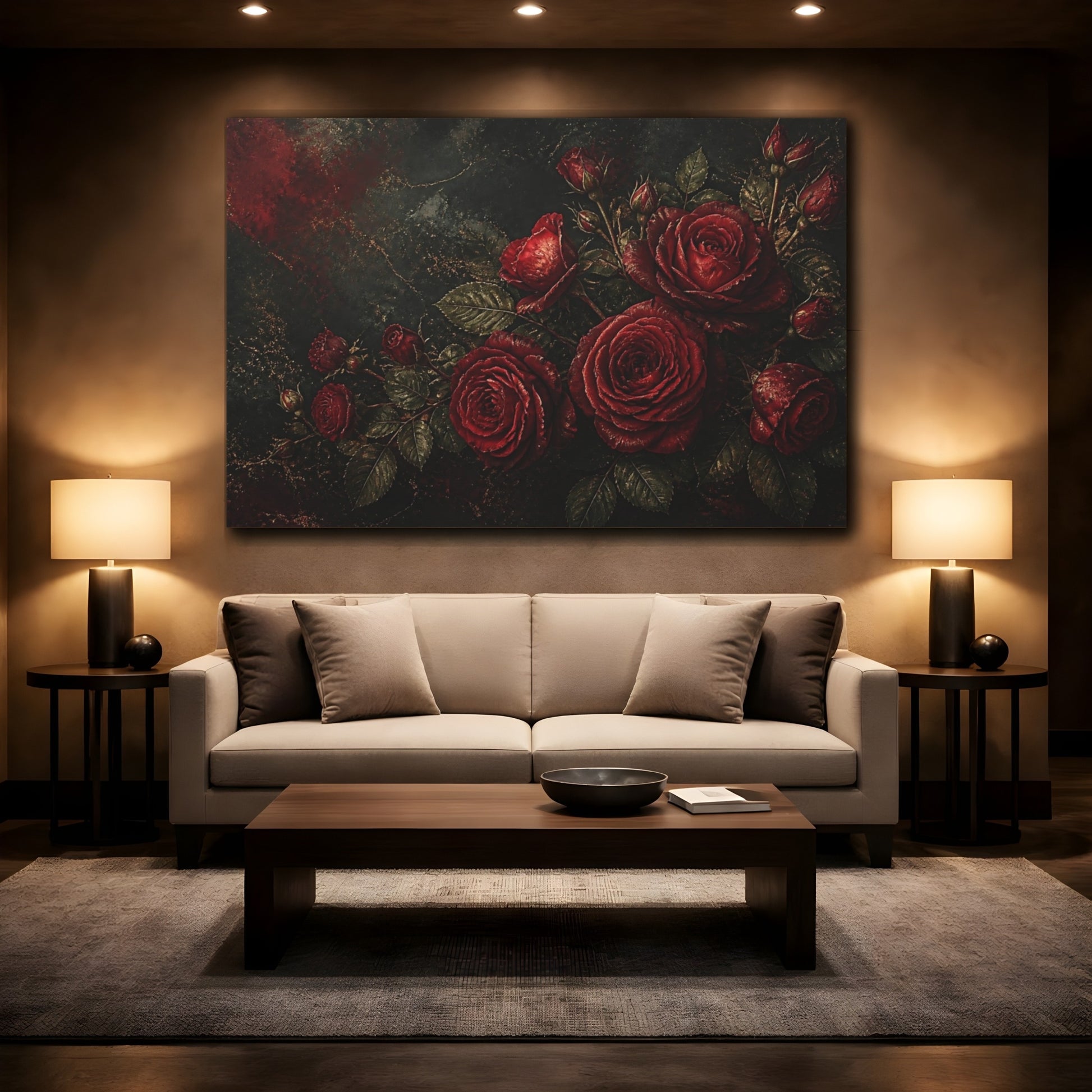 Mockup 2. Moody Red Rose Bouquet shown as canvas print