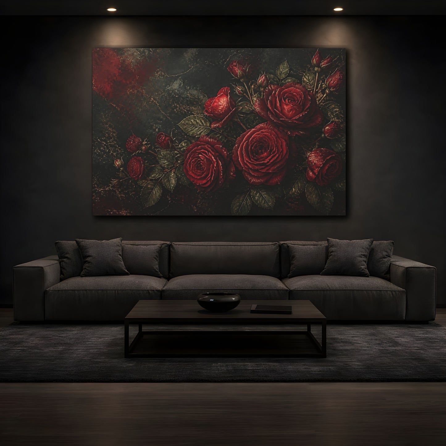 Mockup 3. Moody Red Rose Bouquet shown as canvas print