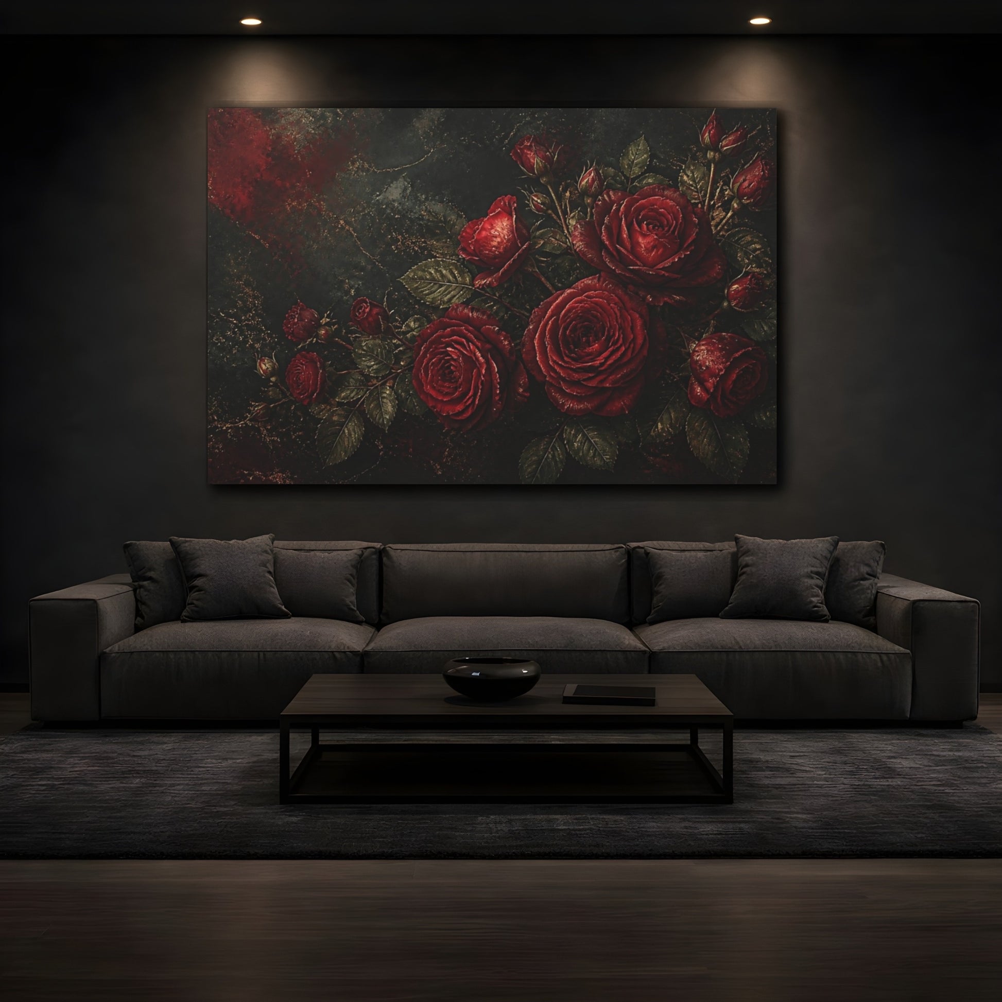 Mockup 3. Moody Red Rose Bouquet shown as canvas print