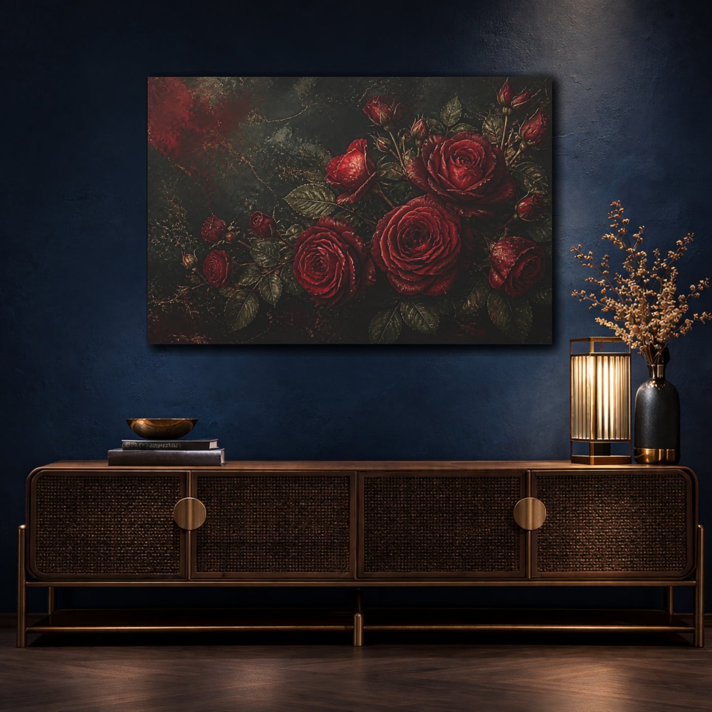 Mockup 4. Moody Red Rose Bouquet shown as canvas print