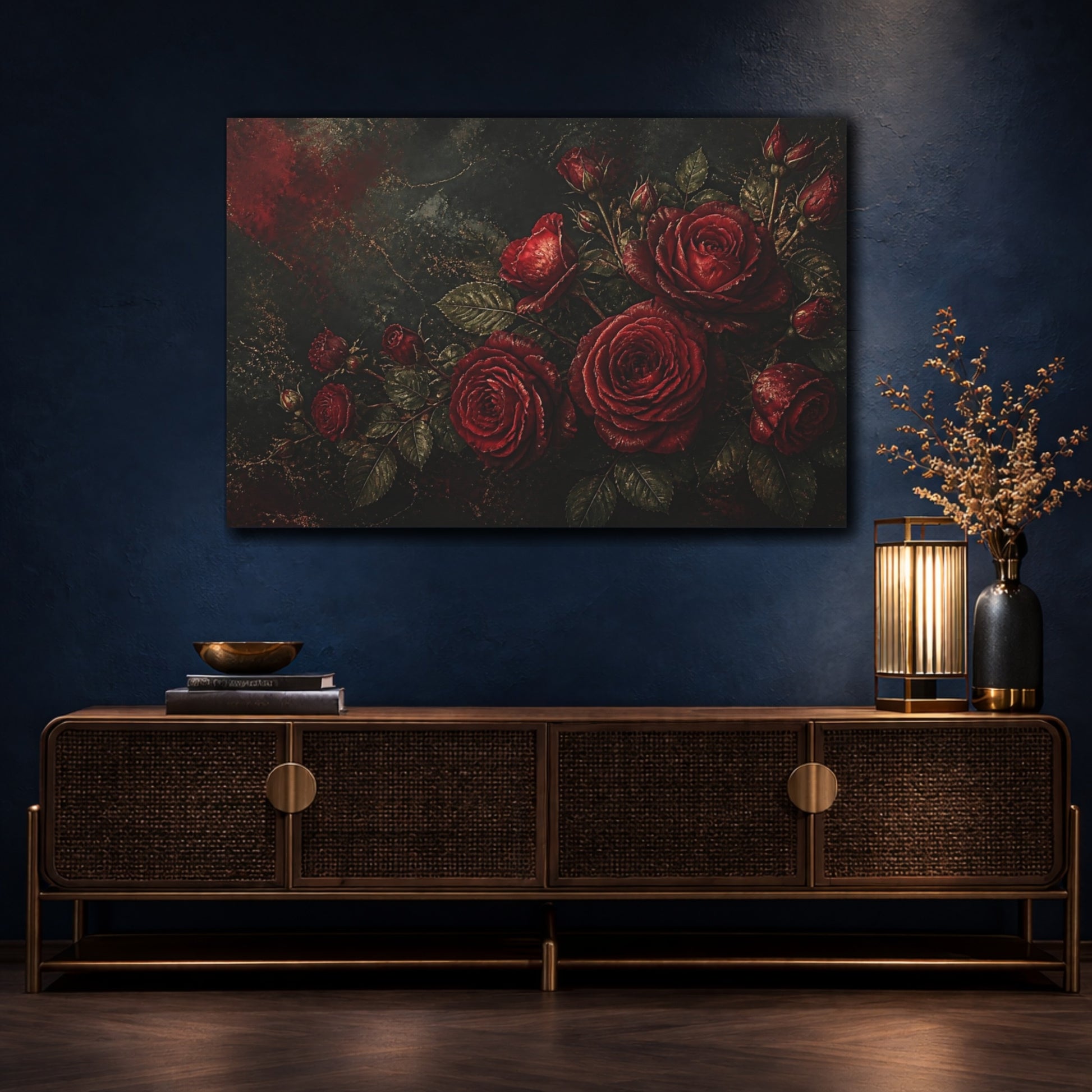 Mockup 4. Moody Red Rose Bouquet shown as canvas print