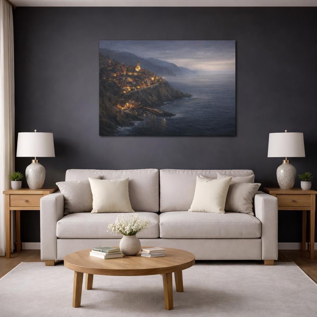 Moody Sea Cliff Village Coastal Nature - Canvas Wall Art Print - YesArtYes