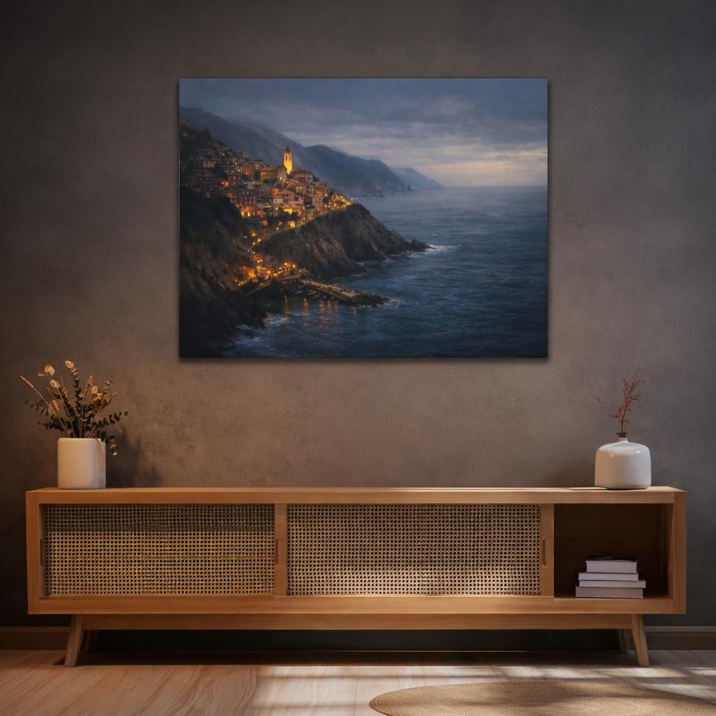 Moody Sea Cliff Village Coastal Nature - Canvas Wall Art Print - YesArtYes