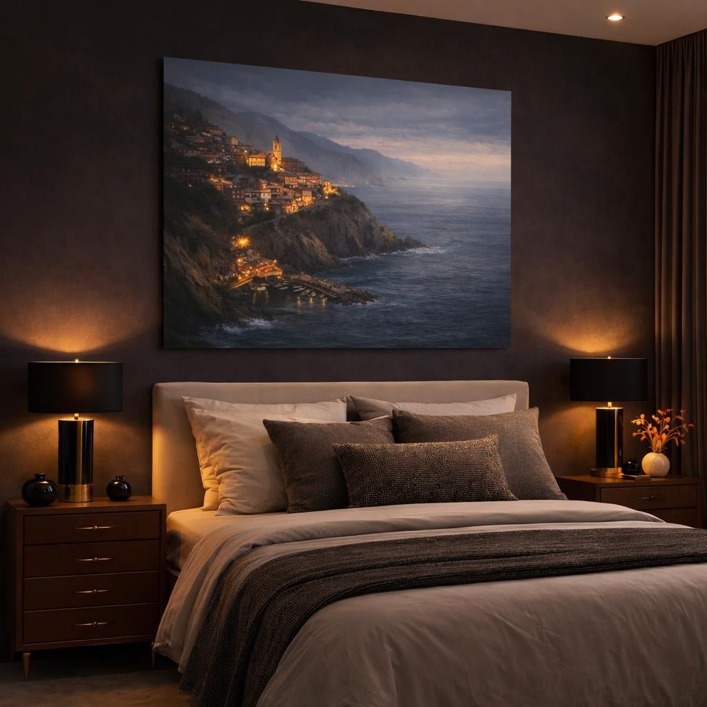 Moody Sea Cliff Village Coastal Nature - Canvas Wall Art Print - YesArtYes