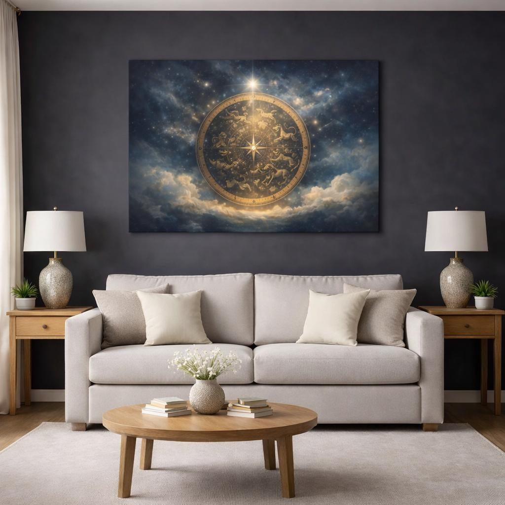 Moody Star Map shown as canvas wall art in a modern living room