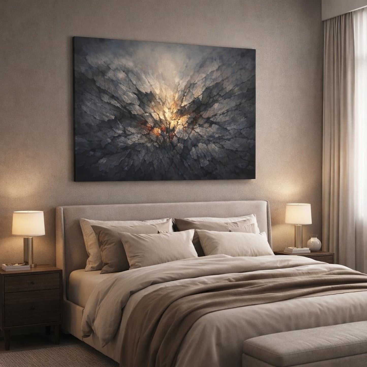 Moody Stone Texture shown as canvas wall art in a luxury bedroom