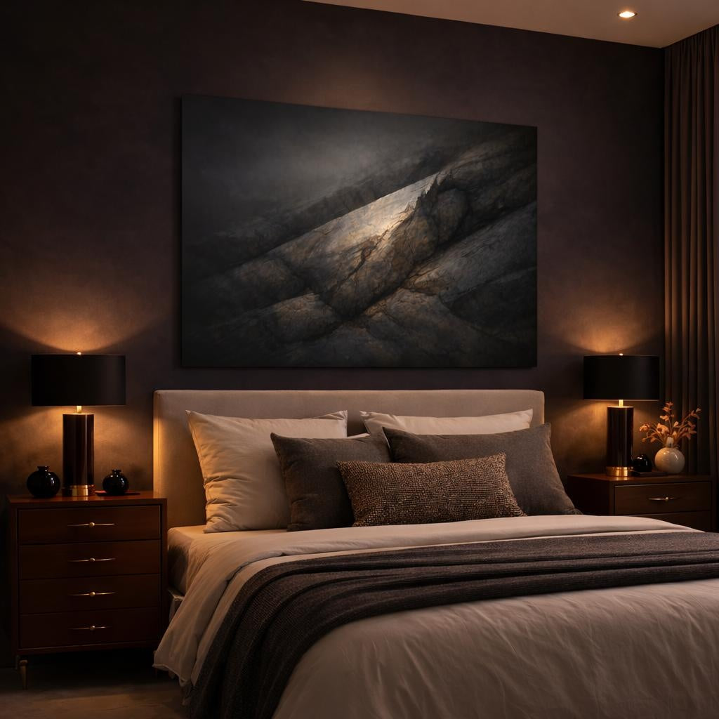 Moody Stone Texture shown as canvas wall art in a luxury bedroom