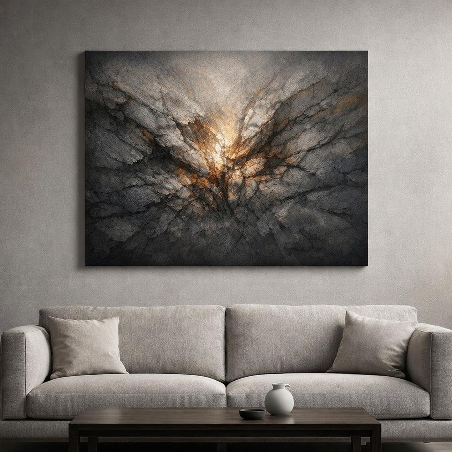 Moody Stone Texture shown as canvas wall art in a refined dining room