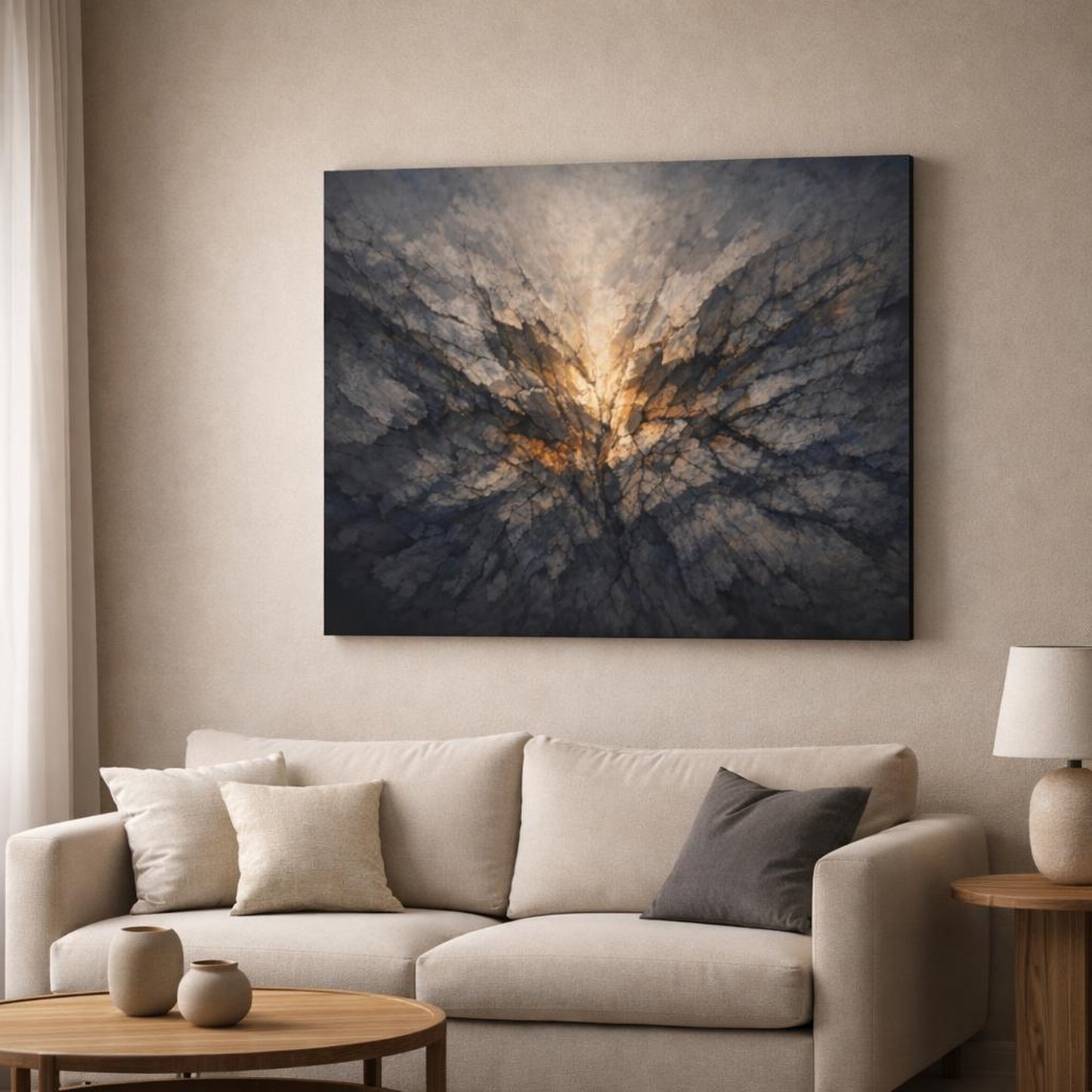 Moody Stone Texture shown as canvas wall art in a modern living room