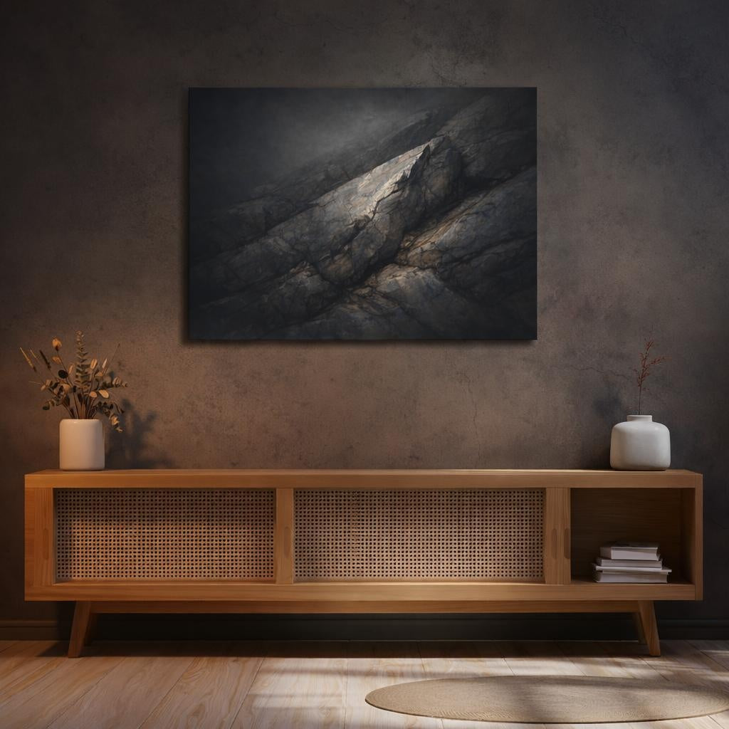 Moody Stone Texture shown as canvas wall art in a refined dining room
