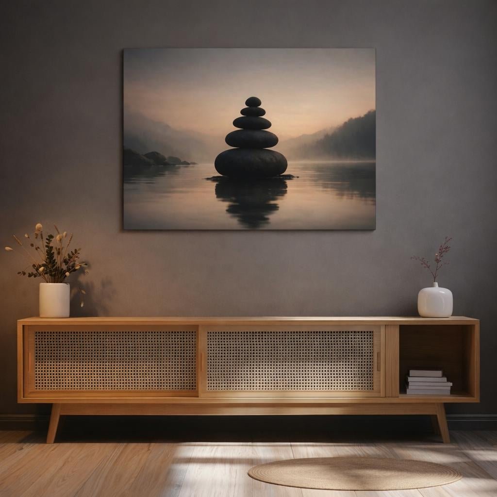 Moody Zen Stone Balance Stacked Stones Nature - Canvas Wall Art Print - YesArtYes