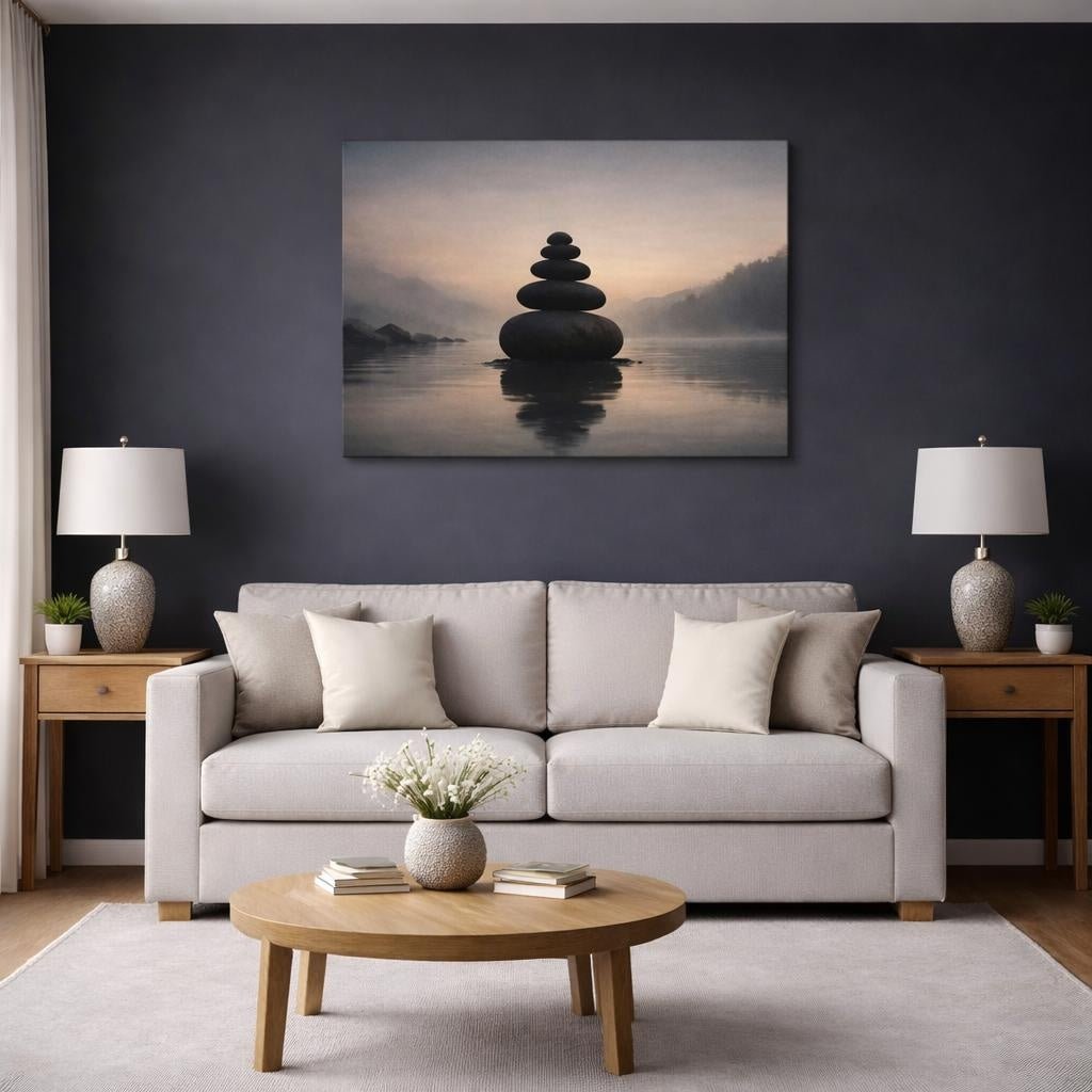 Moody Zen Stone Balance Stacked Stones Nature - Canvas Wall Art Print - YesArtYes