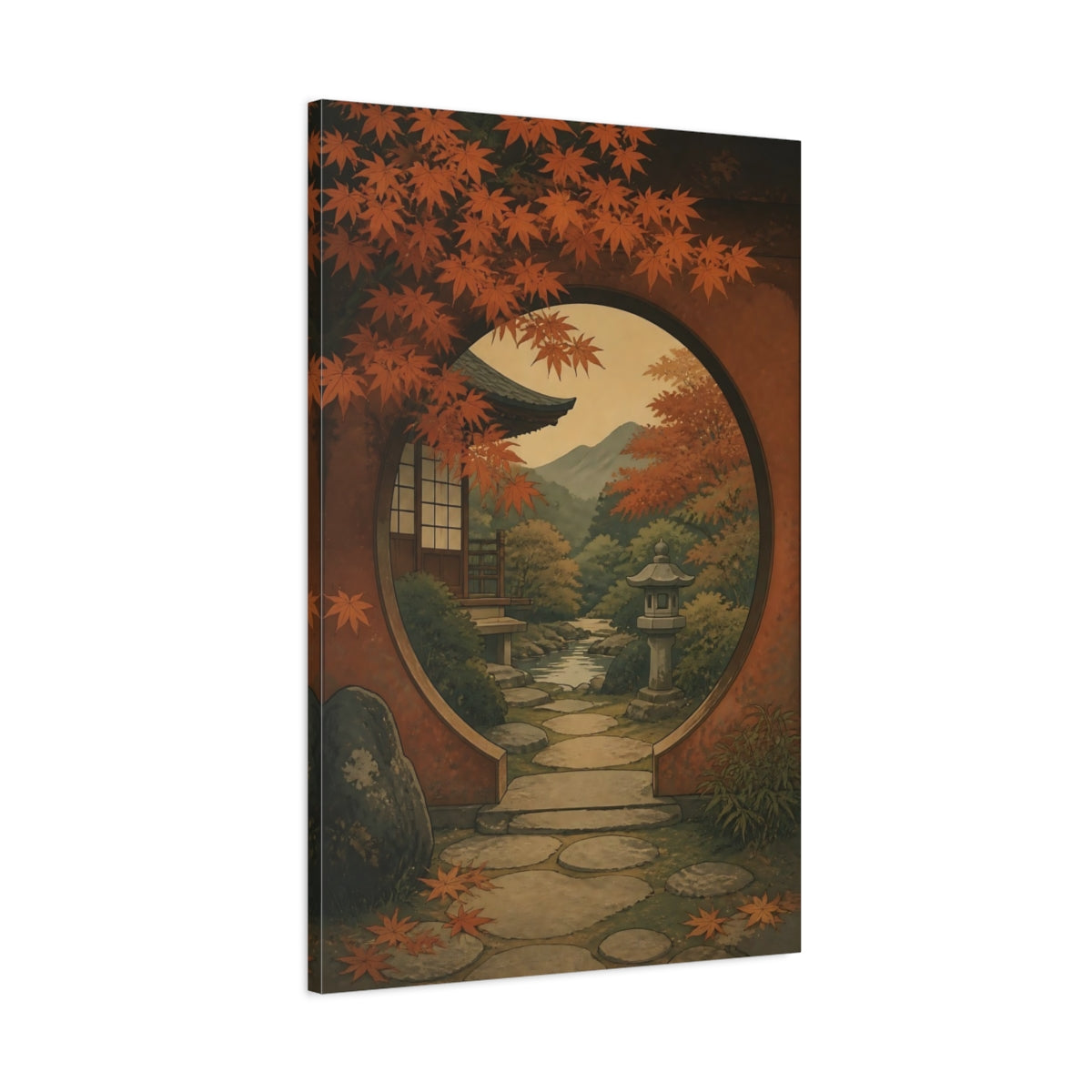 Main Mockup. Moon Gate Autumn Garden View shown as canvas print