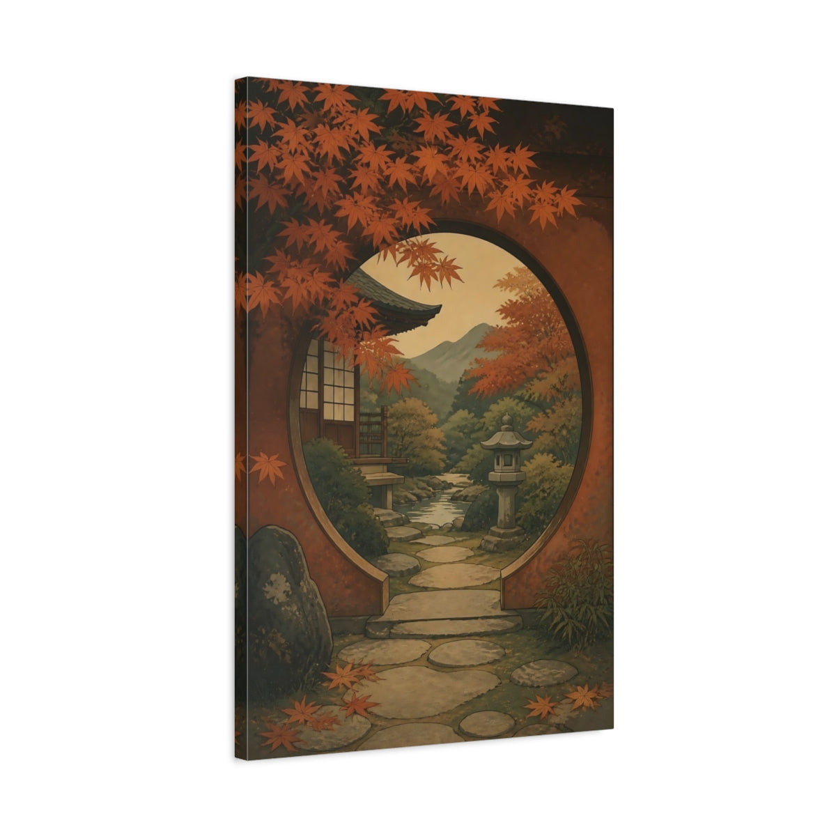 Side Mockup 2. Moon Gate Autumn Garden View shown as canvas print
