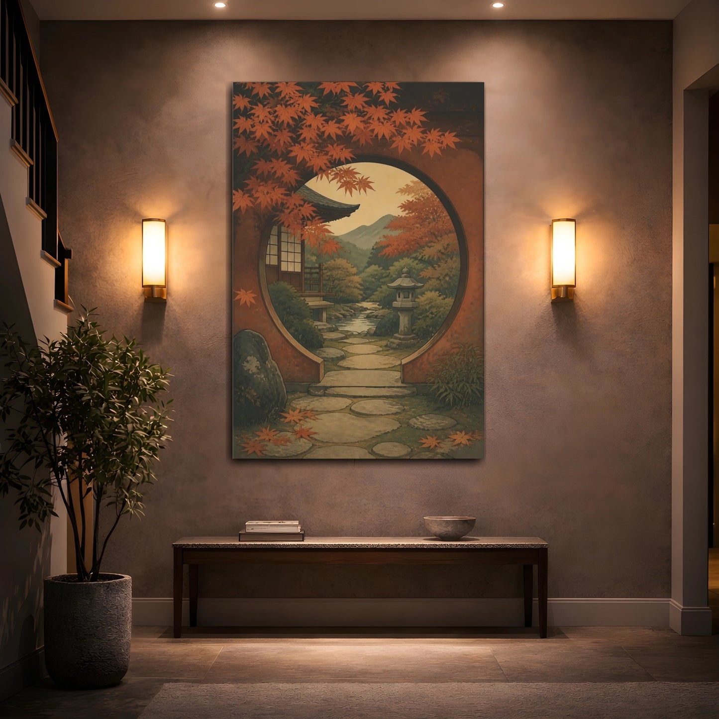Mockup 2. Moon Gate Autumn Garden View shown as canvas print