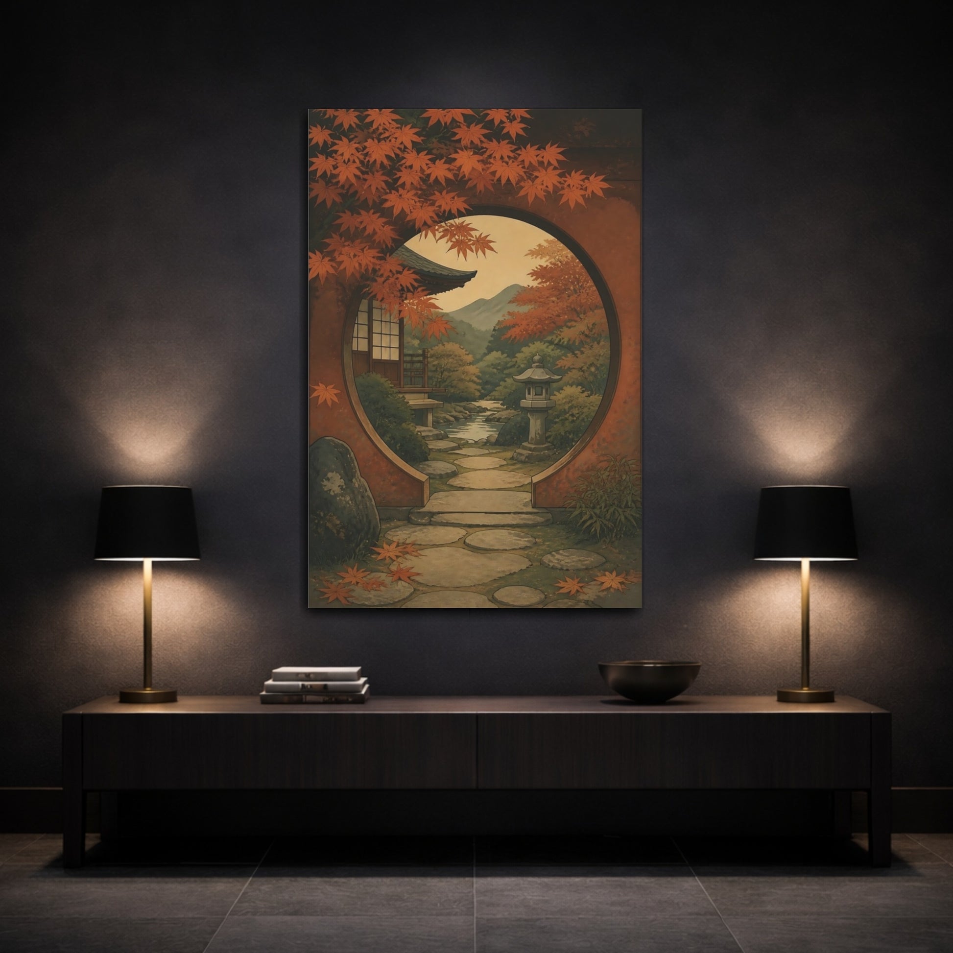 Mockup 3. Moon Gate Autumn Garden View shown as canvas print