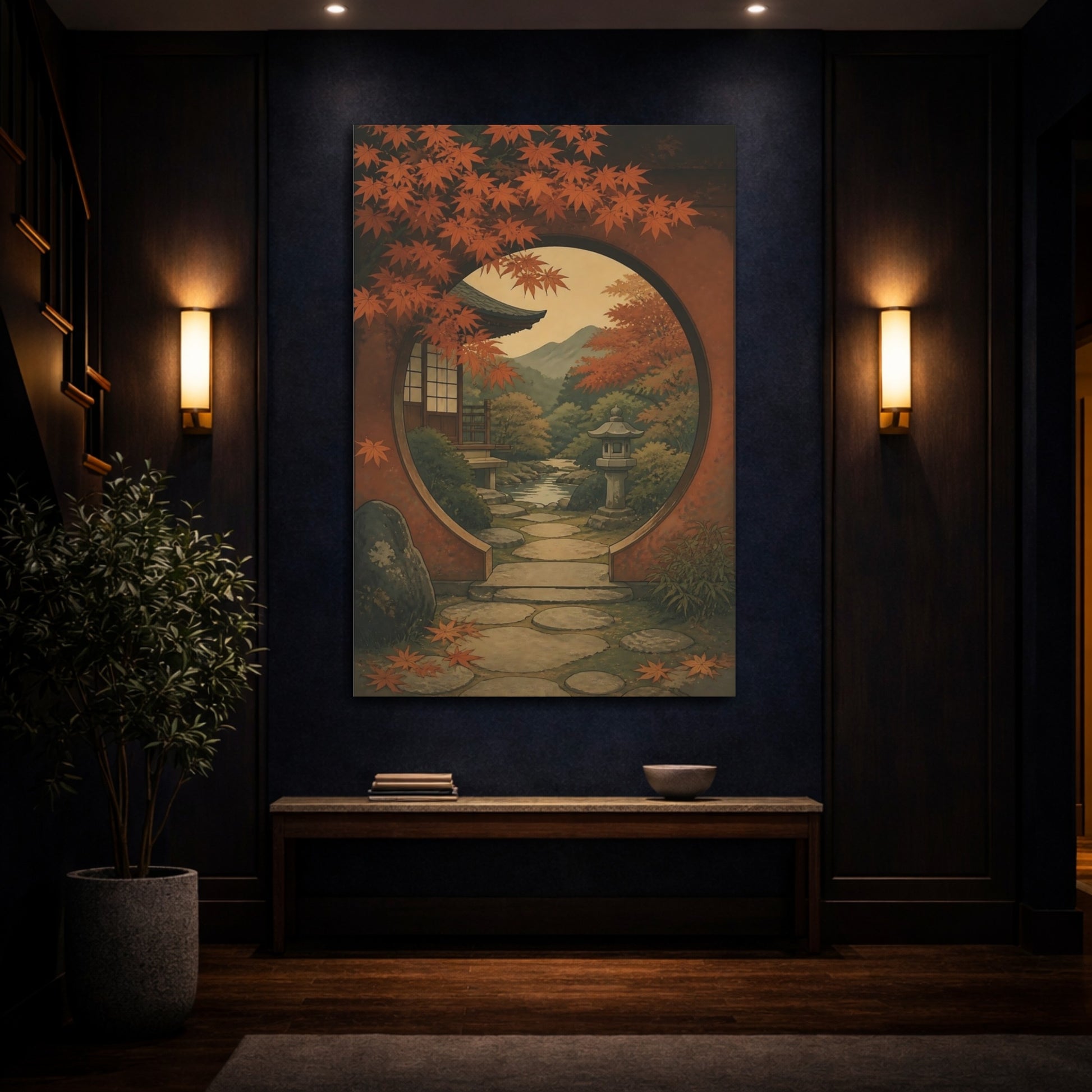 Mockup 4. Moon Gate Autumn Garden View shown as canvas print