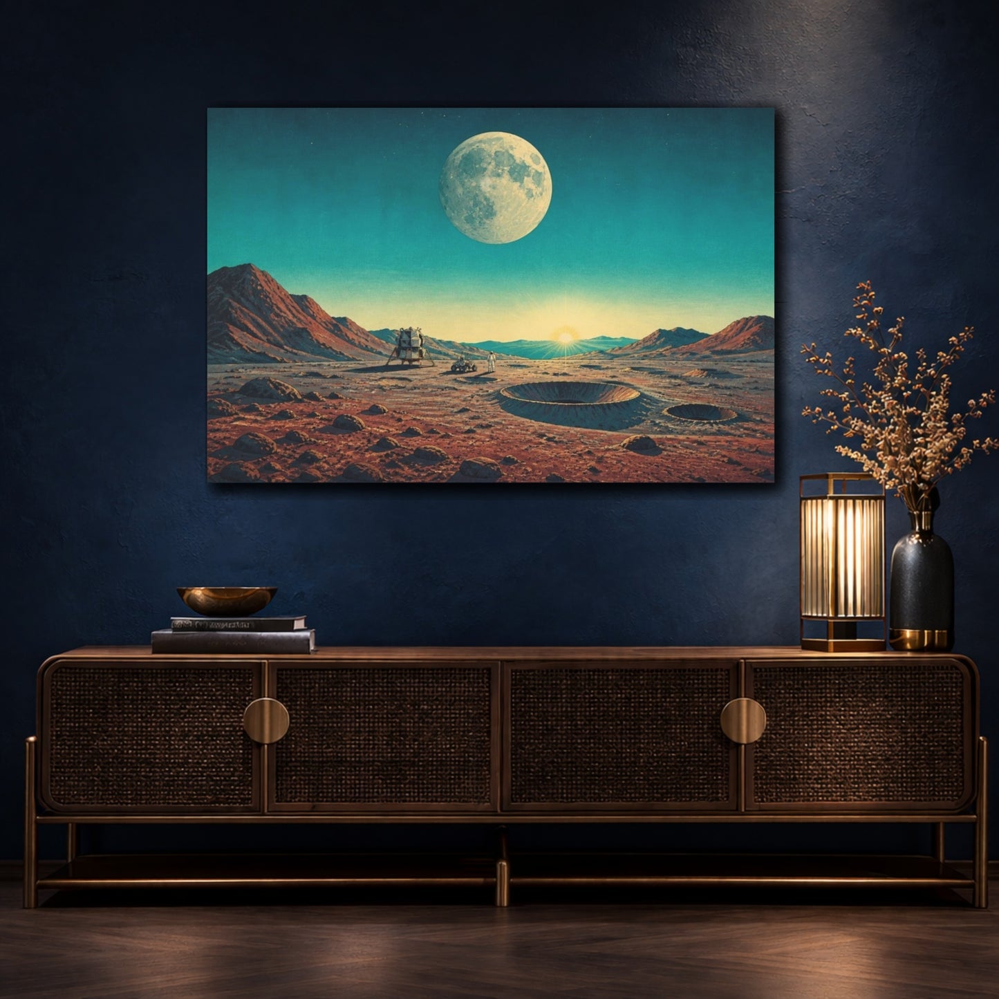 Mockup 4. Moon Moonrise Astronaut Lunar Module Craters shown as canvas print