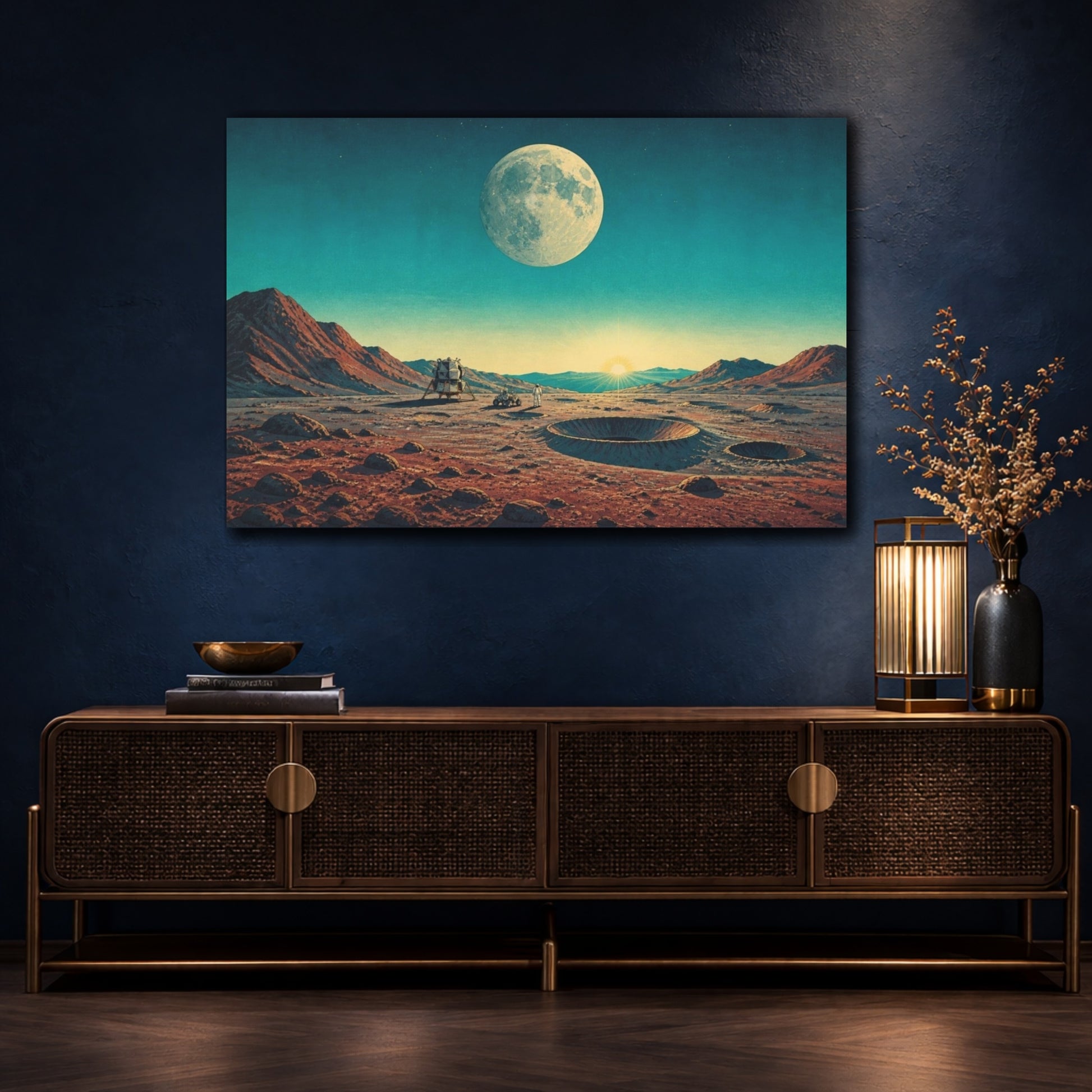 Mockup 4. Moon Moonrise Astronaut Lunar Module Craters shown as canvas print