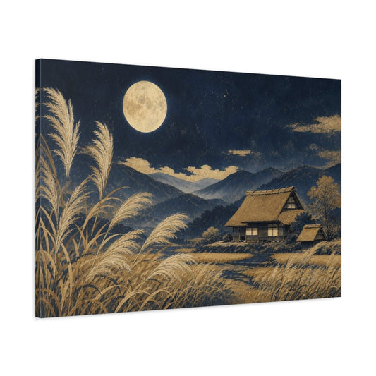 Moon Over Pampas Farmhouse Canvas Print – Living Room, Above Console Table, Navy & Straw - YesArtYes