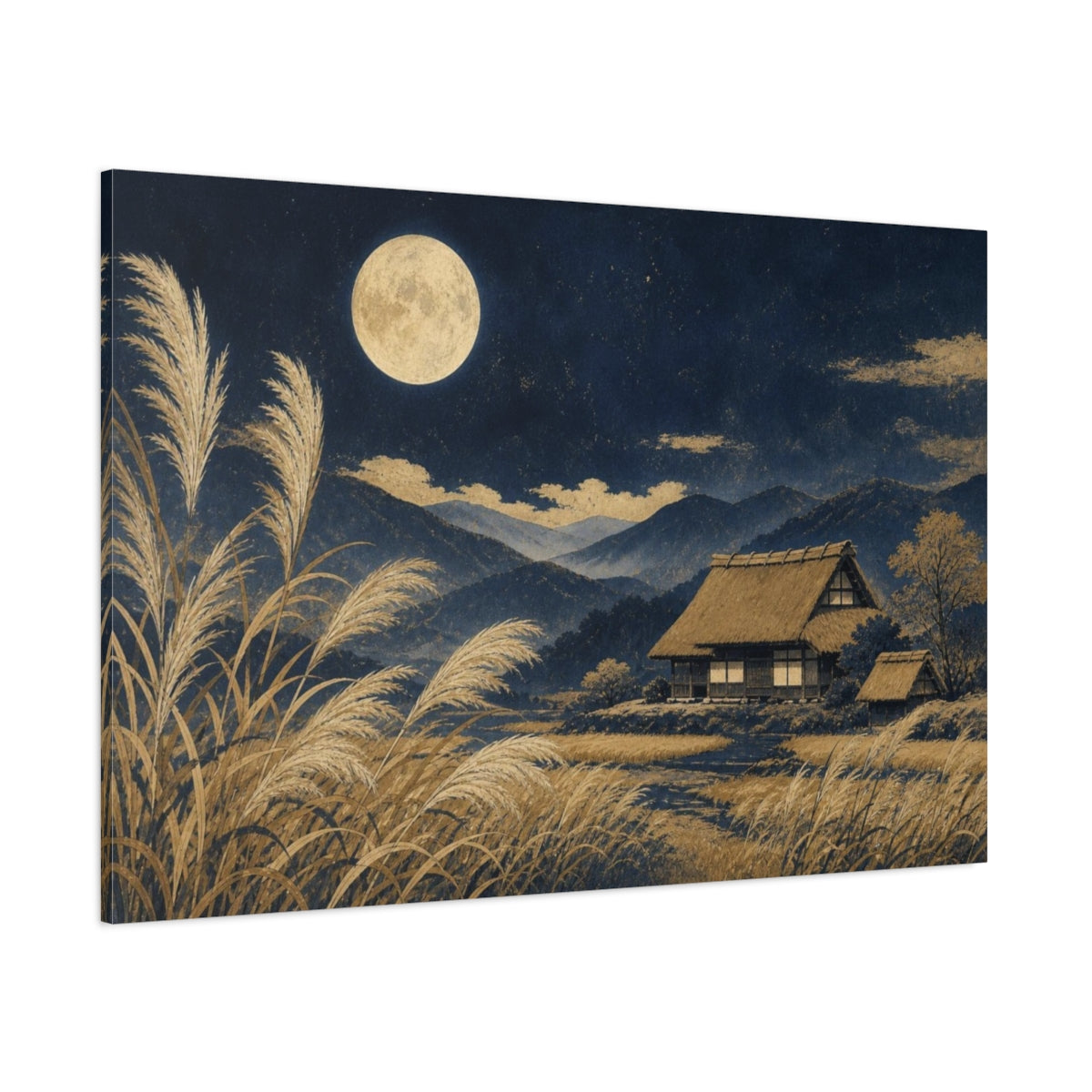 Side Mockup 1. Moon Over Pampas Farmhouse shown as canvas print