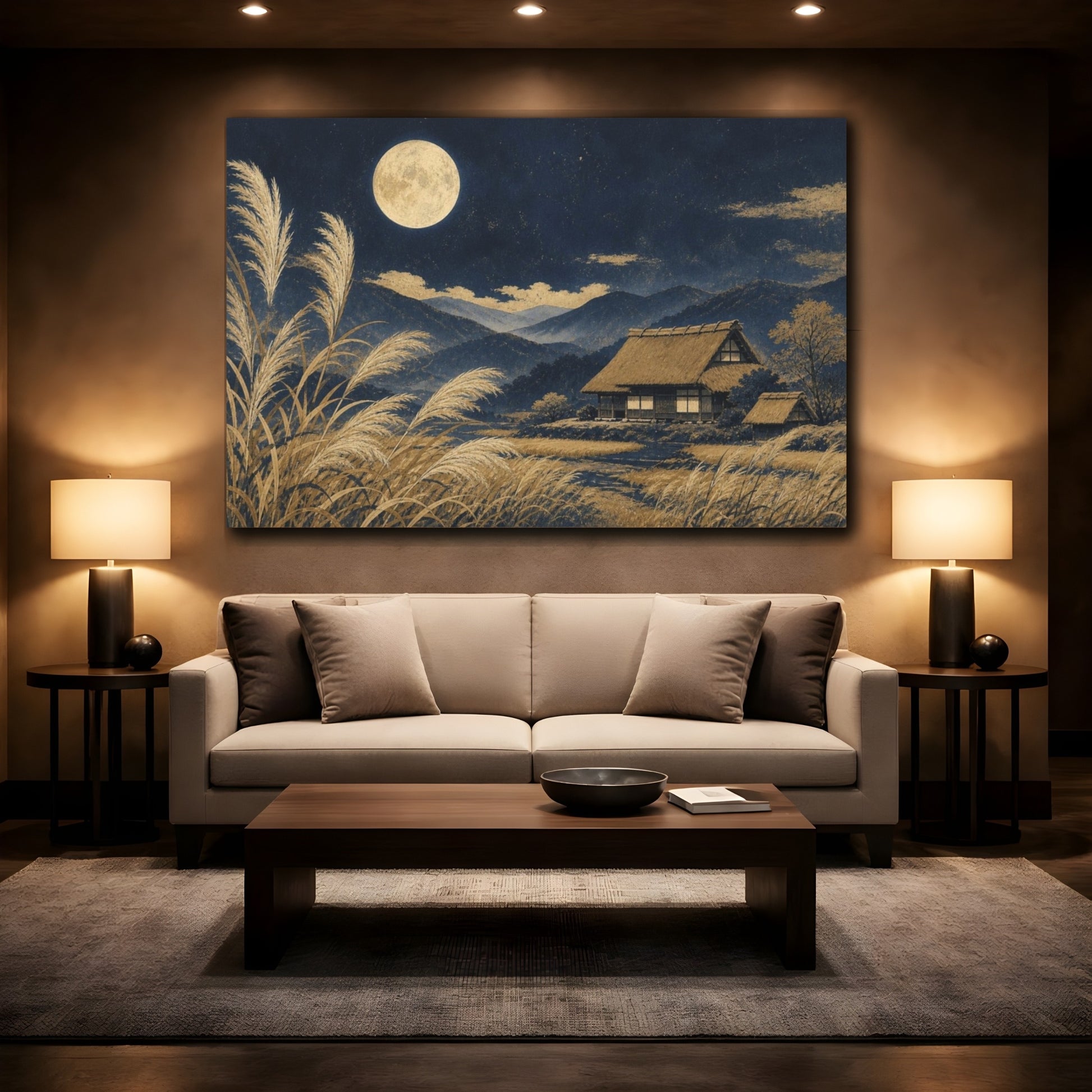 Mockup 2. Moon Over Pampas Farmhouse shown as canvas print