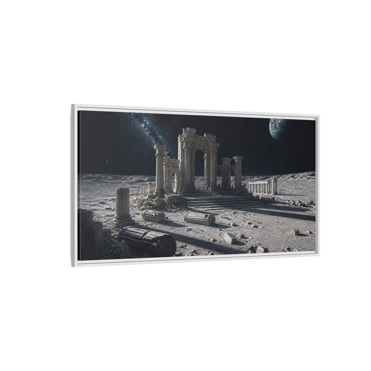 Side Mockup 3. Moonlit Ancient Ruins shown as framed canvas print