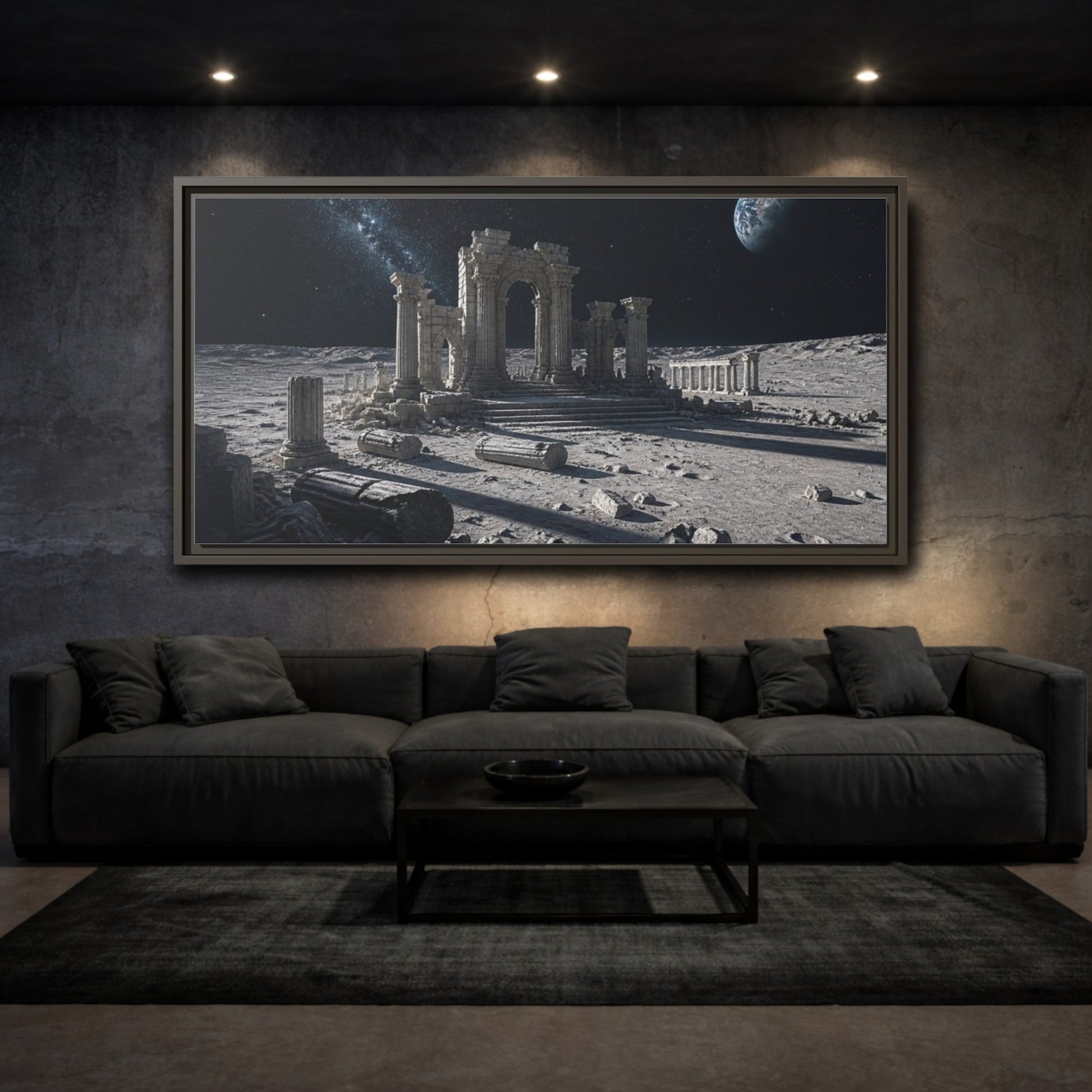 Mockup 3. Moonlit Ancient Ruins shown as framed canvas print